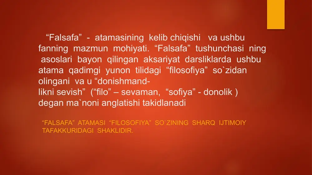 ot jahon svilizatsiyasining beshigi, dunyo xalqlari rivojiga qo`shilgan munosib hissa ekanligi hammamizga ma`lum. sharq falsafasi deganda juda ko`p xalqlar bilan bir qatorda bizning vatanimiz o`tmishini ham esga oladilar. qadimgi misr va bobilda shakllangan falsafaning eng asosiy xususiyati shundan iborat bolganki, ularda, bir tomondan, ilohiy kuchlarga ishonch, ularning tabiat va jamiyatga korsatadigan ta`sirini mutloqlashtirish xususiyati ustuvor bolgan bolsa, ikkinchi tomondan, afsona va rivoyatlar tarzida bolsada dunyoviy bilimlar ilmiy qarashlar ham asta sekin shakllana boshlagan. umuman, bunday xususiyatni, qadim zamondagi barcha sivilizatsiyalarga xos deyish mumkin. filosofiya falsafiy g`oyalar ayniqsa qadimgi xitoy donishmandi konfutsiy (551-479) ijodida yaqqol namoyon boladi. uning “hikmatlari”, yani aforizmlari juda mashhur. konfutsiy talimotida umuminsoniy qadriyatlarning xitoy xalqi turmush tarzida oziga xos tarzida oziga xos tarzda namoyon bolishi, bu xalqqa xos manaviy mezonlar aks etgan. bu talimot bir necha asrlar davomida ushbu hududda milliy goyalar majmui , millatning mafkurasi sifatida odamlarning manaviy ongi va qiyofasi shakllanishini ta`sir korsatgan. filosofiya o`zbekiston …