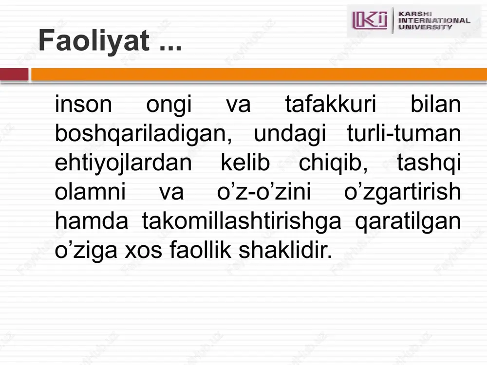 r (axborot yuboryotgan odam) va retsipient (axborotni qabul qilayotgan odam) bir xil kodlashtirish tizimiga ega bo'lishi kerak to'rtinchidan muloqot jarayonida faqat insonlararo kommunikatsiyaga xos to'siqlar vujudga kelishi mumkin 18 verbal kommunikatsiya inson nutqi belgilar tizimi sifatida qo'llaniladi nutq faoliyati odam tomonidan ijtimoiy-tarixiy tajribani o'zlashtirish va avlodlarga berish yoki kommunikatsiya o'rnatish, o'z harakatla­rini rejalashtirish maqsadida tildan foydalanish jarayonidir 19 faol nutq so'zlovchining nutqi passiv nutq tinglovchining nutqi buyuk frantsuz yozuvchisi antuan sent ekzyuperi «muloqot – shunday ne'matki, u orqali inson lazzatlanadi» so'zning mohiyati haqida sa'diy «aqllimisan yoki ahmoq kattamisan yoki kichik buni bir so'z aytmaguncha bila olmaymiz» 20 bu vositalar verbal kommunikatsiya – so'zni to'ldiradi, kuchaytiradi va ba'zan uning o'rnini bosadi. noverbal kommunikatsiya vositalariga yuz ifodasi mimika ohang pauza poza (holat) ko'z yosh kulgu 21 jestlar insonning qo'l harakatlari bo'lib, u orqali insonning ichki holati, biror bir ob'ektga munosabati va tashqi olamga yo'nalganligi ifodalanadi mimika inson yuz harakatlarining bir qismi bo'lib, …