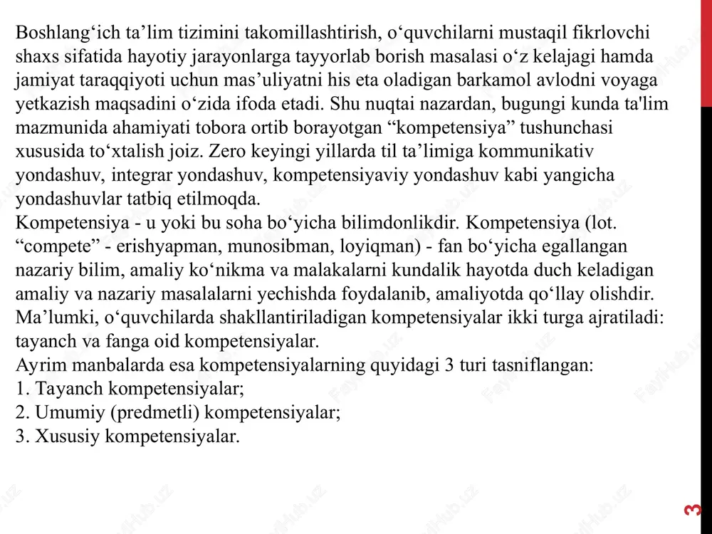 bo‘la oladi; •x va h tovushli so‘zlarni to‘g‘ri yoza oladi; •bir mavzu doirasidagi savollarga javob yoza oladi; •mash’al, ma’qul, ta’lim, jur’at, ta’zim kabi tutuq belgili so‘zlarni bo‘g‘inga bo‘lib yoza oladi; •lug‘at, izohli, eshituv, yoddan yozuv, rasmli diktant yoza oladi hamda gaplarni rasmlar tartibida ko‘chira oladi. * lingvistik kompetensiya: nutqda so‘zlarning grammatik shakllaridan to‘g‘ri foydalana oladi; 35-45 so‘zli diktant yoza oladi. o‘quvchilarni o‘quvchilarning og‘zaki nutqini o‘stirish, lug‘atini yangi so‘zlar bilan boyitish, so‘zlardan nutqida to‘g‘ri va o‘rinli foydalanishga o‘rgatish maqsad qilib olingan. har bir o‘qituvchi 1-4-sinf ona tili fanidan yaratilgan multimedia ilovali metodik qo‘llanmalardan ta’lim sifatini oshirishda o‘rinli va maqsadli foydalanishi zarur. ayniqsa, ona tili darslarida matn ustida ishlashga va ularning xususiyatlari haqidagi mavjud bilimlarini yanada boyitishga alohida e’tibor qaratish lozim. shuning uchun mazkur metodikalar mazmuni, unda berilgan didaktik materiallar, savol topshiriqlarga ilmiy va tanqidiy yondashuv asosida amaliyotga tatbiq etish talab etiladi. boshlang’ich sinf o’quvchilarda ona tiliga oid kompetansiyalarni shakllantirish davr talabidir. …