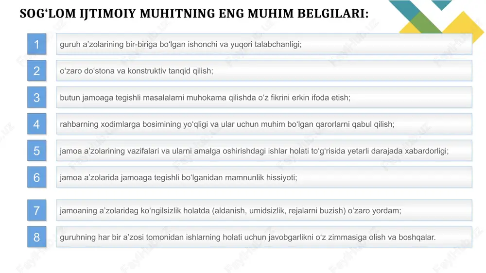 ars soatlari ko‘rsatkichlarning noto‘g‘ri taqsimlanishi. maktab jamoasining har bir a’zosi mas’uliyatni o‘z zimmalariga olmasliklari xodimlarni rag‘batlantirishda shaffof va adolatlilikka amal qilinmasligi. masalalarni hal qilishda xodimlarning o‘z fikrini erkin bayon eta olmasligi jamoa tanish-bilish, qarindosh-urug‘chilikka yo‘l qo‘yilishi. 6 2-omil 3-omil 4-omil 5-omil nizolarning tuzilish omillari ijtimoiy guruhlarning rasmiy va norasmiy tashkil topgani bilan bog‘liq. bunda shaxsiyat, ijtimoiy mavqeyi, hukmronlik, turli ijtimoiy norma va standartlar, an’analar xavfsizlik tizimi, rag‘bat va jazo, geografik joylashuvni, resurslar taqsimoti, tovarlar, xizmatlari, daromatlarni kiritish mumkin. qadriyatlar omili – bu biz tan oladigan yoki inkor etadigan tamoyillar. bu guruhiy yoki shaxsiy e’tiqod ishonch va xulq-atvor tizimi ideologik madaniy, diniy, etnik, siyosiy, kasbiy qadriyatlarni kiritish mumkin. munosabatlar omili shaxslararo munosabatlardan qoniqqanlik bilan bog‘liq. bunda munosabatlar asosini, ularning mavjudligi, kuchlar muvozanatini, o‘zi va boshqalar uchun ahamiyatini, o‘zaro kutishlarni, munosabatlarini davomiyligini, tomonlarning qadriyatlar tizimini muvofiqligini, xulq-atvorni inobatga olish zarur. xulq-atvor omili ham qiziqishlar turli bo‘lsa, o‘z-o‘ziga noadekvat baho, xavf tug‘ilsa emotsional …