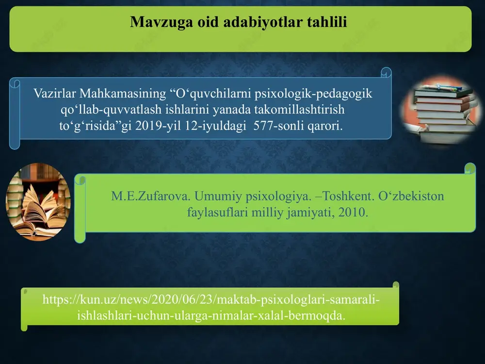 laydigan oliy ta’lim muassalari bilan manzilli hamkorlik o‘rnatish. maktablarda psixologik mashg‘ulotlarni o‘tkazish uchun alohida dars soati haftasiga 1 soat psixologlar uchun ajratilisa maqsadga muvofiq bo‘lar edi. ta’lim-tarbiyadagi psixologik nuqsonlarni aniqlash, salbiy og‘ishlarning oldini olishga qaratilgan o‘quvchi va ularning ota-onalari ishtirokida seminar-treninglar o‘tkazib borish maktab psixologlarini malakala oshirish kurslarini har chorakda tashkil etish 9 t/r muammo amalga oshirish mexanizmi mas’ullar muddati natija 1. psixolog kadrlarning yetishmasligi va salohiyatining yetishmasligi muammosi a) psixolog kadrlarni qayta malakaga yuborish lozim. direktor o‘quv yili davomida psixologdan kutgan natijaga erishish b) psixologlarni ko‘proq o‘quv amaliyoti va treninglarga jalb qilish zarur. direktor, mmibdo‘ va o‘ibdo‘ o‘quv yili davomida d) psixologlarga mustaqillik berib, ularni ko‘proq o‘z ustida ishlatish zarur. direktor o‘quv yili davomida 2. psixologlarning hujjatbozlik muammosi hujjatbozlikni kamaytirib ko‘proq amaliy ishlar olib borish zarur direktor o‘quv yili davomida psixologlardan ko‘zlangan natijaga erishish maktablarda psixologik faoliyatni to‘g‘ri yo‘lga qo‘yish bo‘yicha chora - tadbirlar. e‘tiboringiz uchun rahmat! image2.png image3.png …