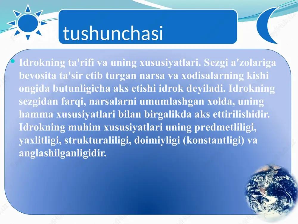 di. vaqt idrok etish – ob’ektiv vaqtni, uning tezligi va ritmini aks etishidir. vaqtning idrok qilinishi voqelik xodisalarning ob'ektiv ravishda doimiyligini, tezligi va izchilligini aks ettirish demakdir. vaqtni idrok qilish kishiga muhitdan mo`ljal olish imkonini beradi. vaqtni idrok qilish odamda vaqt chamalash miya qobig`i bo`lmalarida ro`y beradi. miya qobig`ining ma'lum bir joyida vaqt chamalash ro`y beradi, vaqtni sarhisob qilishning maxsus markazi mavjud degan taxmin asossizdir. vaqtni idrok etilishi negizini qo`zg`alish va tormozlanishning ritmik tarzda almashinuvi, markaziy nerv sistemasida, bosh miya yarimsharlarida qo`zg`alish va tormozlanish jarayonlarinig susayishi oqibatidir. harakatni idrok etish - ob’ektiv fazodagi joylashishi va o`zgarishini aks etishi bo`lib, bunda ko`rinishi va kinetik analizator muhim ahamiyatga ega. ob'ektlarnig fazoda egallagan xolati o`zgarishining aks ettirilishdir. harakatning idrok etilishi hayotiy muhim ahamiyatga ega. harakatni idrok qilish hayvonlar uchun harakat qiluvchi ob'ektlar xavf xatar yoki oziqlanish imkoniyati paydo bo`lishi haqida signal vazifasini o`taydi va shunga javob berishga undaydi. (masalan, baqa faqat harakatlanadigan xashorotlarnigina …