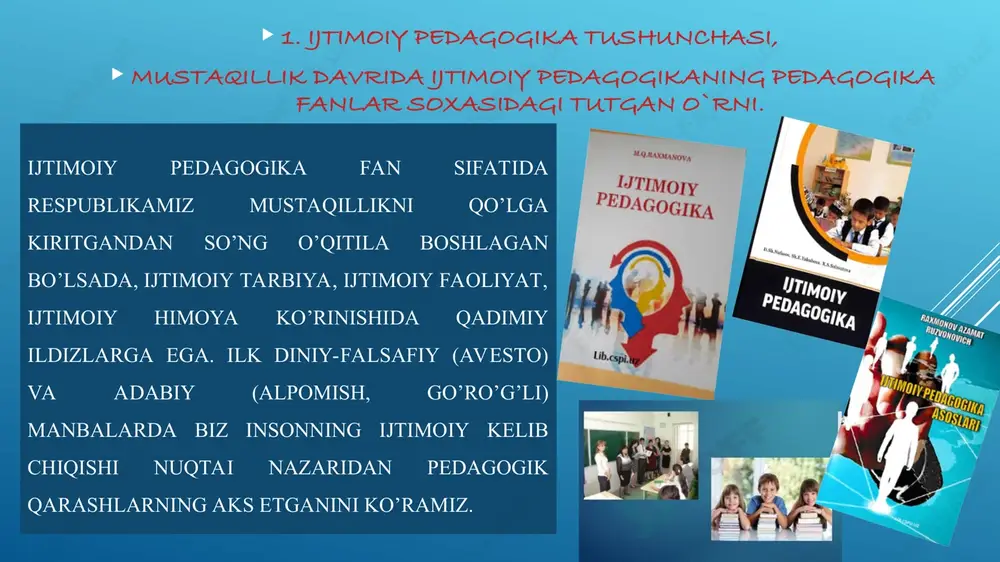 gi, atrof- muhit ta’siri, axloqiy va mehnat tarbiyasi, muomala san’ati, bolalarni jamoada o’qitish haqidagi g’oyalari muhim hisoblanadi. forobiy, beruniy ta’lim muammolari bo’yicha fikrlar bildirishgan va insonning jamiyatga sermahsul xizmat qilishi uchun o’z aqliy, jismoniy, axloqiy, estetik va mehnat qobiliyatlaridan samarali foydalanish imkonini beruvchi ta’lim vazifasini ajratib ko’rsatganlar. ta’limning rivojlatiruvchi vazifasini amalga oshirish maqsadida ular quyidagi didaktik tamoyillardan foydalanishni maslahat berganlar:  asta-sekin tushunchalarning murakkablashuvi;  amaliyotni tajriba bilan bog’lash;  qabul qila olishlilik;  ko’rgazmalilik. ibn sinoning fikricha, ijtimoiylashtirish ko’nikmalari jamoa bo’lib o’qitish shaklida yaxshi shakllanadi. buning uchun u quyidagilarga asoslanishi lozim: 1. ta’lim oluvchilar, o’qituvchi va o’quvchilar orasida tajriba, bilim, ma’naviy va axloqiy qadriyatlar almashinuvini tashkil qilish. 2. musobaqalashuv elementidan foydalanish. 3. o’quvchining ijtimoiy axloqiy xususiyatlarini-muomala, o’zaro tushunish, o’zaro yordam, do’stlik hissini rivojlantirish. buyuk olimlarning pedagogik qarashlari va faoliyatlarining ijtimoiy pedagogik yo’naltirilganligi, ularning avvalambor hayotga har tomonlama tayyorlash hisoblangan ta’lim maqsadini sharxlashlarida o’z ifodasini topgan. shaxsning jamiyatda o’z o’rnini …