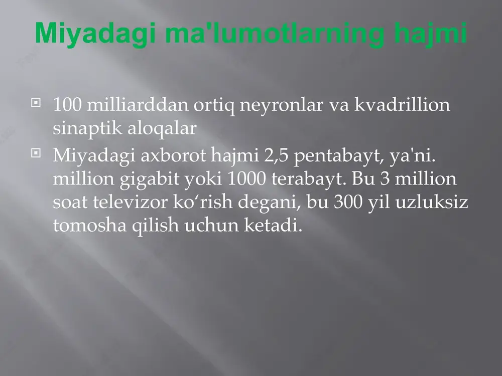 orqa miya orqa miya ildizlari xuddi shu nomdagi intervertebral teshiklardan chiqadi, uning hududida ildizlar birlashadi va orqa miya nervini hosil qiladi. u aralashtiriladi va motor, sensor va avtonom tolalarni o'z ichiga oladi. orqa miya nervining uzunligi taxminan 1 sm. miyani qon bilan ta'minlash miyani qon bilan ta'minlash ikkita ichki uyqu arteriyasi va ikkita vertebral arteriya tomonidan amalga oshiriladi. qonning chiqishi ikkita bo'yin tomirlari orqali sodir bo'ladi. miyani qon bilan ta’minlash analizatorlar sistemasi inson organizmida quyidagi analizatorlar bo’ladi: eshitish ko’rish hid bilish ta’m bilish vestibulyar skelet-muskul teri tuyish resptor retseptorlar - turli xil qo'zg'atuvchilarning energiyasini idrok etish va nerv impulsi energiyasiga aylantirish uchun mo'ljallangan sezgir nervlarning maxsus uchlari. refleksni tushunish refleks - bu organizmning asab tizimi bilan bog'liq har qanday tashqi yoki ichki ta'sirga javobidir. refleks yoyi - bu nerv impulsi retseptordan (sezuvchi qismdan) tirnash xususiyati beruvchi organga o'tadigan neyronlar zanjiri. refleks reflekslarning 2 turi mavjud: shartli shartsiz reflektor yoyi orqa …
