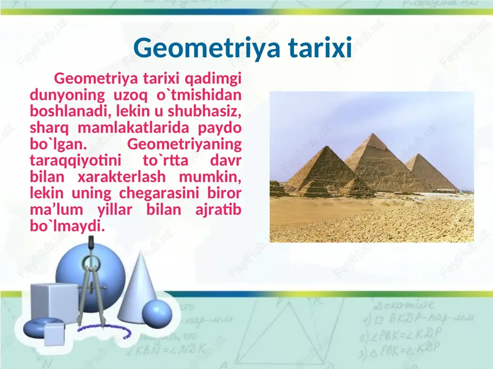 amizdan avvalgi vi asr) pifagor yunon matematikasining rivojiga pifagor va uning shogirdlari munosib hissa qo’shgan. falsafiy yo’nalishdagi pifagor maktabi yuqori mavqega ega bo’lgan. pifogor va uning shogirdlari uchburchak ichki burchaklari yig’indisi, dunyoga pifagor teoremasi nomi bilan mashhur bo’lgan teoremani isbot qilganlar, muntazam ko’pyoqlilar soni beshta ekanligi, o’lchovdosh bo’lmagan kesmalar mavjud ekanligini aniqlaganlar. demokrit demokrit (330-275 e.o.)“bo’linmas zarrachalar” metodini yaratadi, u dunyo bo’linmas zarrachalar-atomlardan tashkil topgan degan fikrni ilgari suradi. uning fikricha har bir geometrik figura bir qancha elementar qismlardan iborat bo’lib, figura hajmi elementar figuralar hajmlarining yig’indisiga teng bo’ladi. demokrit (eramizdan avvalgi 330-275 yillar) platon platon maktabida yasashga doir geometrik masalalar yechilgan. sirkul va chizg’ich yordamida yechib bo’lmaydigan kub hajmini ikkilantirish masalasini platon tomonidan yaratilgan, asbob yordamida yechganlar. yasashga doir geometrik masalalarni bosqichlab yechish metodi, geometrik o’rin g’oyasi shu maktabda asoslangan va bir qancha egri chiziqlar yasalgan. platon (eramizdan avvalgi 427-347 yillar) evdoks evdoks (410-355 e.o.) platon maktabi vakili bo`lib …