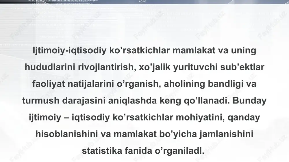 r. alternativ belgi – ikki qarama-qarshi, biri-birini taqozo qilmaydigan belgilardir. 9 xulosa statistik fanni isloh qilish jarayonida davlat statistikasining ierarxik zinapoyasining kichik bosqichida joylashgan barcha statistik organlarning axborot bazasi yaratilishi kerak. hozirgi vaqtda statistik organlar ishini tashkil etish bo'yicha ko'plab ishlar amalga oshirildi, ammo u hali ham yakunlanmadi va bu juda muhim axborot institutini takomillashtirishga hali ko'p e'tibor berilmoqda. 10 e'tibor uchun raxmat! 11 image2.png image3.jpeg image4.jpeg image1.png