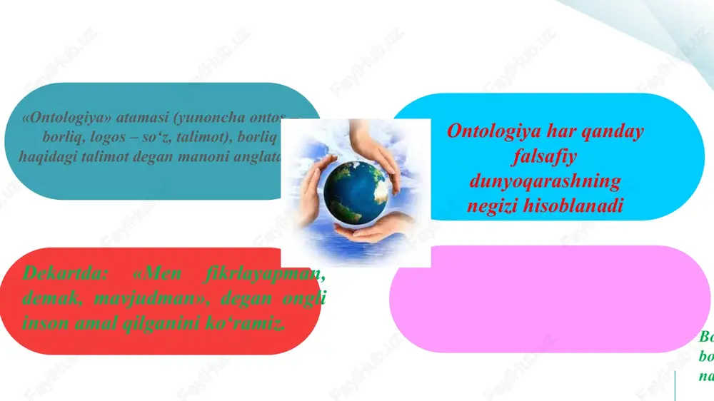 larga qarab mo‘ljal olgan, unda inson borlig‘iga, shuningdek ijtimoiy borliqqa ko‘proq etibor berilgan. ksenofan (yeramizdan avvalgi yi — v asr) shoir va faylasuf bo‘lgan. tabiat - o‘zgarmas va harakatsizdir, «hamma narsa yerdan unib chiqadi va pirovardida yana yerga qaytadi». biz hammamiz yerdan tug‘ilganmiz va yerga aylanamiz». birinchi bo‘lib, bilishning imkoniyati va chegarasi haqida fikr yuritgan. bu yunon gnoseologiyasining rivojiga turtki bo‘ldi. falsafa tarixida borliq muammosi. borliqning birinchi sababini mavjud voqelikning o‘zidan izlaganlar, uni dam suv (fales) yoki havo (anaksimen) deb, dam hamma narsani boshqaradigan boqiy va cheksiz asos – «apeyron»(anaksimandr taxminan mil. av. 611-545 yillar) deb tavsiflaganlar. parmenid (mil. av. 540-480-yillar) faylasuflar orasida birinchi bo‘lib borliqni kategoriya sifatida tavsiflagan va uni maxsus falsafiy tahlil predmetiga aylantirgan. u haqiqiy borliq mohiyatining o‘zgarmasligi haqidagi g‘oyani ilgari suradi. ksenofan (mil. av. 580-490 yillar) ham ilgari suradi. u hamma narsa yer va suvdan vujudga keladi va rivojlanadi, hatto «biz ham yer va suvdan paydo …