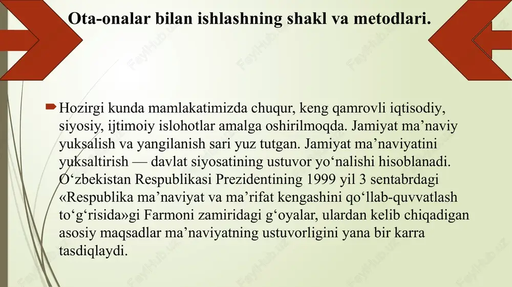 ana bir zaminidir. shariatda oilaviy turmushning ma’naviy, huquqiy asoslari keng yoritib borilgan. ulardan biri - har bir yigit o‘zi uylanadigan qizni, qiz esa yigitni ko‘rib, bilib olmog‘idir. o‘zbekistonda istiqomat qiladigan barcha millat va elatlar xotin-qizlarga munosabatda asosiy qonunning xalqaro huquqqa mos qoidalariga amal qiladilar. o‘zbeklar ayolga, avvalo, ona, mehribon opa-singil, ardoqli qiz deb qaraydilar. oilada ayolning o‘ziga xos mavqei va o‘rni bor. xalqning boy madaniy merosi, adabiyoti, san’ati va falsafasi milliy g‘oyasida aks etadi. shuningdek ayollarining go‘zallik va nafosati, ularning vafo va sadoqati timsoli sifatida gavdalanadi. onaga bo‘lgan hurmat va sadoqat – eng oliy qadriyatdir. shuning uchun vatanga, milliy tilga nisbat berilganda ona nomi qo‘shiladi. «xalqimiz orasida ona so‘zi muqaddasdir, uni tushunmaganlarning aqli pastdir», - degan xikmat mavjud. milliy istiqlol g‘oyasi onalar uchun, jamiyatdagi barcha ayollar uchun farovon hayot, go‘zal turmush yaratishni maqsad qilib, xotin-qizlarning erkinligi va o‘z qadr-qimmatini anglab etishiga, o‘z salohiyat va imkoniyatlarini yuzaga chiqarishiga sharoit yaratishni bosh …
