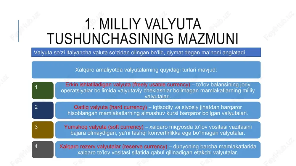 n mavzuga tegishli keyingi holatlarni izohlashda to‘g‘ri kotirovkadan foydalanamiz. 3 valyuta kursining eng kichik ko‘rsatkichi “punkt” va kross-kurs tushunchasi ma’lum bir davriy oraliqda, belgilangan tartibda aniqlangan valyuta kursining eng kichik ko‘rsatkichlari o‘rtasidagi farq “punkt” deb yuritiladi. masalan, 1 aqsh dollarining so‘mga nisbatan kursi 2236,66 so‘mdan 2243,49 so‘mga ortsa, valyuta kursi mazkur holat bo‘yicha 683 punktga ortgan bo‘ladi. xalqaro hisob-kitoblarda kross-kurslardan keng foydalaniladi. kross-kurs uchinchi valyuta (usd) orqali ikki valyuta (uzs, jpy, gbp) o‘rtasidagi kursni aniqlashdir. kross-kurslar ikki xil usulda aniqlanadi. bunda bazaviy valyuta (usd va h.k.) va kotirovka qilinayotgan valyutalar(uzs, jpy, gbp va h.k.)dan foydalaniladi. ya’ni valyuta kursidagi 1 birlikka teng valyuta bazaviy, boshqa ma’lum qiymatga teng valyuta esa, kotirovka qilinayotgan valyutadir. masalan, 1 usd (bazaviy) = 2200 uzs (kotirovka qilinayotgan), yoki 1 gbp (bazaviy) = 1,4 usd (kotirovka qilinayotgan) kross-kursni aniqlash, 1-usul 1. ma’lum ikki valyuta kursining bazasi bir xil valyuta bo‘lsa, bunda ushbu kurslarning o‘zaro nisbati orqali uchinchi …