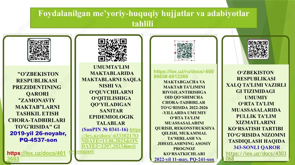 olari tashqi va ichki xavfsizlik, energiyalardan va boshqa imkoniyatlardan keng foydalaniladi. qiyosiy tahlil 1. maktab binolari: o‘zbekiston: o‘zbekiston maktablari odatda bino qurilishi va jihozlarining sifati haqida muhim muhokama mavjud emas. bino va jihozlar o‘rtacha darajada bo‘lishi mumkin. yaponiya: yaponiya maktablari esa yuqori sifatli bino va jihozlarga ega. ular yangi texnologiyalardan foydalanishga intiladi. yaponiya maktablari o‘quvchilarga kompyuterlar, robotlar, 3d-printerlar va boshqa yangi texnologiyalarni o‘rganish imkoniyatini beradi. taklif: maktab binolarini jozibadorligini oshirish, xavfsizlik qoidalariga rioya etish, zamonaviy akt jihozlari va moddiy texnik bazasini boyitish orqali o‘quvchilarning bilim olishga bo‘lgan qiziqishlarini oshirish. 2. maktab binosi va jihozlarining saqlanishiga o‘quvchilar munosabati: o‘zbekiston: o‘zbekistonda sinf xonalari va koridorlarining tozaligi uchun maxsus xodimlar ajratilgan bo‘lib, o‘quvchilar maktabdagi tozalash ishlariga jalb qilinmaydilar. yaponiya: sinf xonalar va koridorlarni o‘quvchilar navbatchilik asosida o‘zlari tozalashlari maktab binosi va jihozlarini, maktab tozaligini asrashga hamda o‘zgalar mehnatiga hurmat bilan munosabatda bo‘lishiga sabab bo‘ladi. taklif: o‘quvchilar va o‘qituvchilar bilan birgalikda “maktab umumiy uyimiz”, …