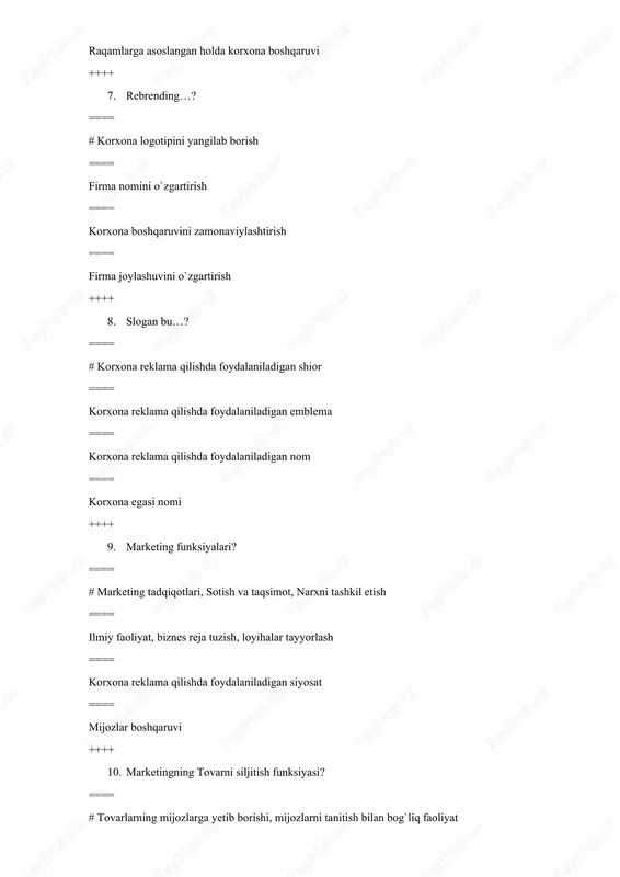 at ==== korxona marketing menejmenti siyosati ==== mareketing tadqiqotlari ==== mahsulot assortimentini ko`paytirish siyosati ++++ 12. marketing tadqiqotlari funksiyasi? ==== # bozorni o`rganish maqsadida olib boriladigan turli shakldagi o`rganishlar ==== mahsulot assortimenti ishlab chiqarish sohasini rivojlantirish ==== mahsulotlarni sotish va taqsimot bilan bog`liq jarayonlar ==== marketing – menedjment masalalari bilan bog`liq faoliyat ++++ 13. innovatsion marketing ob‘ekti? ==== # intelektual mulk, yangi materiallar va tarkibiy qismlar, yangi mahsulotlar, yangi jarayonlar, yangi bozorlar, tovar va xizmatlarni siljitish yangi usullari ==== mahsulotlarning dizayni va qadoqlanishida jiddiy o`zgartirishlar ==== qayta qadoqlash yoki noan'anaviy reklamalardan foydalanish orqali mahsulotni yangi bozorlarga chiqarish ==== innovatsiya jarayonida yangi mahsulot va xizmatlarni ommolashtirish. jarayonni yanada muvaffaqiyatli bo'lish uchun mahsulot dizaynidagi o'zgarishlarni ishlab chiqishda mijozlarning xatti-harakati 7-mavzu. tadbirkorlik faoliyatida innovatsion loyihalar samaradorligini baholash. 14. innovatsion loyihalarni dastlabki tanlash bosqichida asosan nimaga e`tibor beriladi? ==== # iqtisodiy samaradorlik mezoni ==== asosiy muammolari yechimini taklifi ==== loyiha moliyasi ==== xulosa qismi …