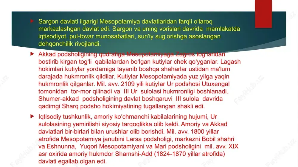 r bobildan haydab yuboriladi. bobilning keyingi tarixida dajla, frot daryolari, fors qo‘ltig‘i qirg‘og‘i va janubiy mesopotamiyaning shaharlari oralig‘ida joylashgan haldey qabilalari muhim o‘rinni egalladilar. ular yarim ko‘chmanchi chorvador va dehqonlar edilar. haldeylar mil. avv. ix asrda bobilning janubiy qismini bosib olib va bobil madaniyatini qabul qiladilar. mil. avv. 729 yilda bobilni osuriyaliklar bosib oladi. osuriyaliklar bobilda mil. avv. vii asrgacha hukmronlik qiladilar. yangi bobil podsholigi paydo bo‘lishi eramizdan avvalgi 629 yilga to‘g‘ri keladi. lashkarboshi nabopalasar bobilda yangi haldey sulolasiga asos soladi. navuxudonosor ii ning hukmronlik yillari bobilning gullab-yashnagan davri bo‘ldi. navuxodonosor ii vafotidan so‘ng bobil zaiflashadi. mil. avv. 539 yilda bobilni eron podshosi kayxusrav ii bosib oldi. bobil mil. avv. 331yilgacha ahamoniylar davlati tarkibiga kiradi, keyin esa makedoniyalik iskandar davlatiga, uning yemirilishidan so‘ng salavkiylar davlati tarkibiga kiradi. bobilning gullab-yashnashi 1-bobil sulolasining oltinchi podshosi hammurapi (mil. avv. 1792-1750 yillar) davriga to‘g‘ri keladi. hammurapining hukmronligi davomida bobil kichik shahardan butun mesopotamiyani birlashtirgan …