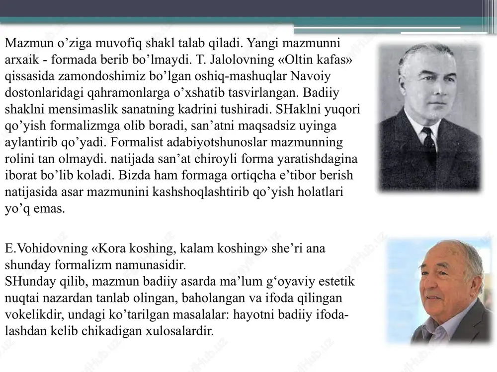ong otaveradi, kabilidagi fikrdir. g‘oya asar mavzusi va g‘oyasini aniqlaganda fikrni ixcham shakllantirish kerak. g‘oya zo’rma-zo’raki keltirib chiqarilsa, bu sohta g‘oya bo’ladi. r.raximovning «sevgi qarimas» qissasida voqealar mantiqiy davrbek bilan gulxayoning birlashishiga olib kelishi kerak edi. lekin yozuvchi bola-chaqalik qahramonlarining ajralishidan qo’rqib ketadi. shuning uchun sevishganlar turmush qurishi shart emas, do’st bo’lib qolsa ham bo’laveradi, deb o’gitbozlik qiladi. bu xulosa asardagi voqealar mantig’idan kelib chikmaydi. natijada qissa xulosasidan kitobxon qanoatlana olmaydi. syujet voqealar va xarakterlarning o’zaro bog‘liqlikda rivojlanishi, tuyg‘ularning mantiqiy izchilligidir. -ekspozitsiya. bu muhit va personajlar bilan tanishtirish, kitobxonni voqealarga olib kirish, qahramonlarni to’qnashuvlarga tayyorlashdir. -tugun. masalaning qo’yilishi kelgusi to’qnashuvlarga sabab bo’ladigan muammolardir. -voqea rivoji. voqealar, xarakterlar hamda munosabatlar ning rivojlanishidir. -kulminatsion nuqta. voqealar rivojining yuksak nuqtasidir. -yechim. voqea va to’qnashuvlarning oqibat natijasidir. -tugallanma epilog. yechimdan keyingi qahramonlar holatidir. syujet va kompozitsiya. -xronikali syujet. unda voqealar ketma-ketlikda beriladi («o’qituvchi» romani). -retrospektiv syujet. unda voqealar orqaga qaytuvchi tartibda beriladi. -konsentrik syujet. …