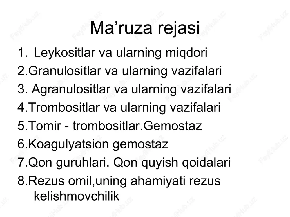 ga javobgar hujayralar bo’lib antigenlarga qarshi antitela ishlab chiqaradi. antitela ishlab chiqarish uchun b -limfotsit plazmatik hujayraga aylanadi. turlari: b –killerlar -t killerlar kabi vazifalarni bajaradi; b-xelperlar esa antigenlarni tanishtiradi; b-supressorlar – antitela ishlab chiqaruvchi b limfotsitlar proliferatsiyasini tormozlaydi. trombotsiti bestsvetnie teltsa okrugloy, ovalnoy formi razmerom 2-4 mkm kolichestvo v krovi 180-320 tis. v 1 mkl. predstavlyayut soboy bez'yadernie fragmenti tsitoplazmi, otdelivshiesya ot megakariotsitov sderjat spetsialnie granuli: faktor plastinok 4,f. villebranda, tromboplastin, fibronektin idr. trombotsiti gemostaz sosudisto - trombotsitarniy (mikrotsirkulyatorniy , pervichniy) koagulyatsionniy (vtorichniy) sosudisto-trombotsitarniy gemostaz ostanovka krovotecheniya iz melkix sosudov s nizkim ad faktori: trombotsitarnie: faktor villebranda plastinchatiy faktor 3 antigeparinoviy faktor iv faktor v; b-tromboglobulin; plazmennie: i f – fibrinogen, ii f – protrombin iiif – tkanevoy tromboplastin trombotsitar faktorlar: p1-globulin trombotsitar akseleratori. r2-trombin akseleratori. r3-trombpolastin faktori. r4-antigeparin faktori. r5-trombotsit fibrinogeni. r6-trombostenin. r7-antifibrinolitik faktor. r8-fibrin aktivatori. r9-fibrinni stabillovchi faktor. r10-vazokonstriktor faktorlar –seratonin. r11-adf- agregatsiya endogen faktori. tomir –trombotsitar …