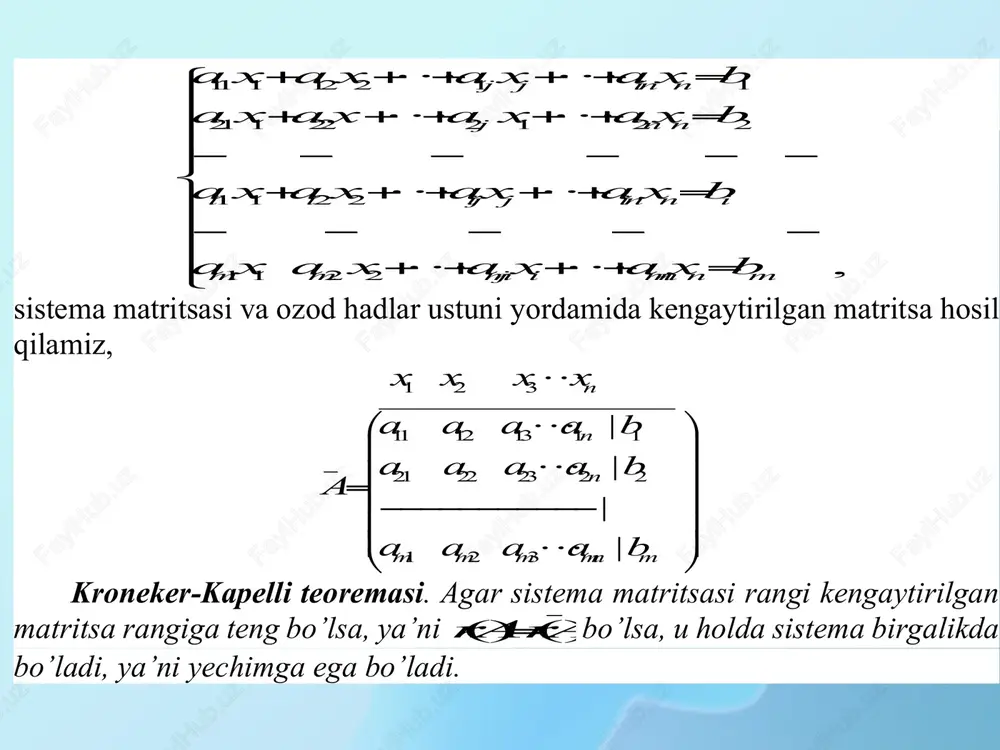 matritsa qurishning jordan taktikasiga asoslanadi. teskari m atritsa oshkor shaklda qurilmaydi, ba lki oʻng ustunda bir yoʻla teskari matritsaning ozod hadlar ustuniga koʻpaytmasi - yechimlar ustuni quriladi. 8 - misol. quyidagi chiziqli tenglamalar sistemasini gauss - jordan usulida yeching: ch.t.s ni iqtisodda qo’llan ilishi. chiziqli tenglamalar sistem asining iqtisoddagi qo’llanilishi bu har qanday iqtisodiy masalaning matematik modelini tuzish va bu modelning optimal yechimi aynan chiziqli tenglamalar sistemasini yechimi bilan uzviy bog’liq hisoblanadi. n s s s n , , , 2 1  - ta mamlakat bo’lib, ularning milliy daromadlari mos ravishda n x x x , , , 2 1  larga teng bo’lsin. ij a - j s - mamlakatning i s - mamlakatdan sotib olgan tovarlarga sarf qilgan milliy daromadning ulushi bo’lsin. milliy daromad to’laligicha mamlakat ichida va boshqa mamlakatlardan t ovar xaridi uchun sarf bo’ladi deb hisoblaymiz, ya’ni 1 1,1,2,, n ij i ajn   …