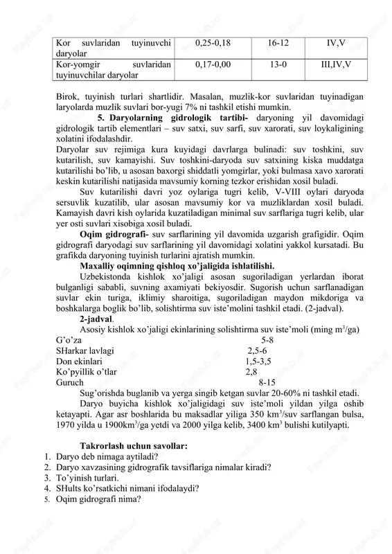 i mustasno kilganda, o’rta osiyo daryolarini ularning tuyinishiga karab, kuyidagi turt turga bulish mumkin: 1. muzlik-kor suvlaridan tuyingan daryolar. 2. kor-muzlik suvlaridan tuyingan daryolar. 3. kor suvlaridan tuyingan daryolar. 4. kor-yomgir suvlaridan tuyingan daryolar. bunda daryolarning kaysi turga kirishini kursatuvchi mezonlar sifatida kor-muzlik suvlaridan xosil bulgan yozgi kup suvli daryodagi oqim (wvii-ix) shuningdek bu oqim mikdorining kor suvlaridan xosil bulgan borgi suv toshkini davrdagi oqim daryolarning tuyinish xususiyatlariga kura kaysi turga kirishini kursatuvchi mezonlar (v.l.shults buyicha). daryolarning turlari daryolarning kaysi turga kirishini kursatuvchi mezonlar = w vii-ix w iii-vii w vii-ix yillik oqimga nisbatan % xisobida suv eng kup buladigan oylar muzlik-kor suvlaridan tuyinadigan daryolar 1,00 38 vii,viii kor-muzlik suvlardan tuyinuvchi daryolar 0,99-0,26 40-17 v,vi kor suvlaridan tuyinuvchi daryolar 0,25-0,18 16-12 iv,v kor-yomgir suvlaridan tuyinuvchilar daryolar 0,17-0,00 13-0 iii,iv,v birok, tuyinish turlari shartlidir. masalan, muzlik-kor suvlaridan tuyinadigan laryolarda muzlik suvlari bor-yugi 7% ni tashkil etishi mumkin. 5. daryolarning gidrologik tartibi- …