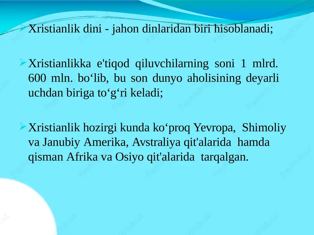 ilk davr xristian yozuvchilari asarlarida uchraydi. xristianlikdagi oqimlar: katolik oqimi (taxminan 800 mln. kishini) asosan : yevropa, osiyo, afrika lotin amerikasi mamlakatlarida tarqalgan. katolitsizm ma'nolarni ifodalaydi. umumiy, dunyoviy degan uning birinchi yepiskopi apostol petr bo‘lgan. katolitsizmda bibliyani sharhlash huquqi faqatgina ruhoniylarga beriladi, chunki ular uylanmaslik haqidagi diniy talabga amal qiladilar. xristianlikdagi oqimlar: protestantlik (protestantizm)(taxminan 647 million kishini tashkil etadi ) - (lotincha - norozi bo‘lish, kelishmaslik) - xvi asrda katoliklik yo‘nalishidan ajralib chiqqan xristianlikdagi uch asosiy yo‘nalishlardan biri protestantizmning ilk shakllari: lyuteranlik:; svinglichilik; kalvinizm; unitarizm va sotsinchilik; anabaptizm; mennonitlik; anglikanchilik hozirgi vaqtda protestantizm dunyoning barcha qit'alarida keng tarqalgan. uning jahon markazi aqshda, bu yerda: baptist; adventist; iyegova shohidlari va boshqalarning qarorgohlari joylashgan. o‘rta osiyo xalqlari tarixida xristian dini: bu dinni mahalliy aholi orasida tarqatuvchilar o‘rta osiyoning turli viloyatlariga milodning iii asrlarida kirib kelganlar. 280 yilda talos (marke) cherkovlari qurilib bo‘lgan; samarqandda (310 yildan); marvda (334 yildan); hirotda (430 yildan); xorazmda …
