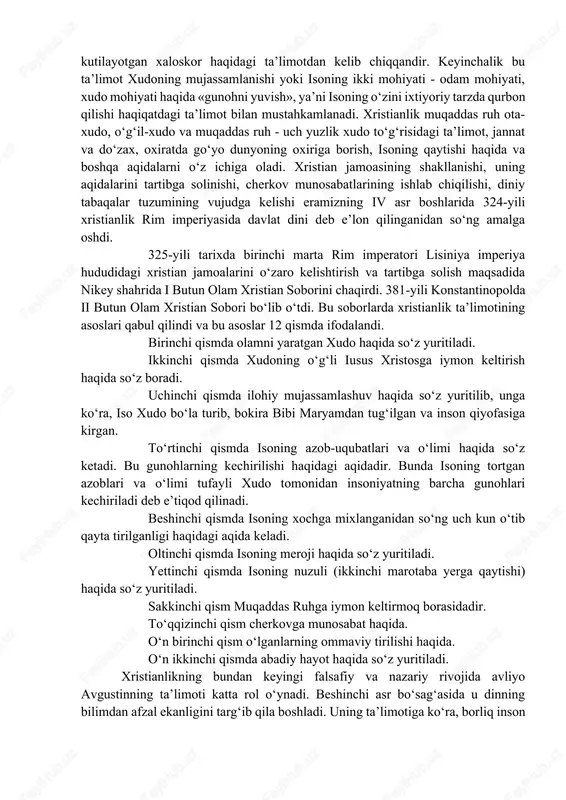 eng ma’lumotlarni bersada, diniy bo‘lmagan manbalarda isoning nomi uchramaganligini nazarda tutib, u tarixiy emas, balki afsonaviy shaxsdir deguvchilar ham bor. iso nomiga qo‘shiluvchi masih so‘zi qadimiy yahudiy tili - ivritdagi «moshiax» so‘zidan olingan bo‘lib, «silangan» yoki «siylangan» ma’nolarini beradi. grekchada bu so‘z «xristos» («christos») shakliga ega. bu dinning «xristianlik» yoki «masihiylik» deb atalishi ham shu so‘zlar bilan bog‘liq. bundan tashqari xristianlik iso masihning tug‘ilgan qishlog‘i - «nazaret» bilan bog‘lab, nazroniyya deb ham atalgan. keyinchalik bu nom nasroniya, nasroniylik shaklini olgan. iso masih o‘z ta’limotini o‘zining 12 o‘quvisi apostollar - havoriylarga o‘rgatdi. ular esa isoning vafotidan keyin ustozlarining ta’limotlarini har birlari alohida-alohida tarzda kitob shakliga keltirdilar. bu kitoblar bibliyaning «yangi ahd» qismini tashkil etadi. xristianlikning ta’limoti. manbalar xabar berishicha, xristianlik yahudiy muhitida yuzaga kelgan. bu esa xristianlikning yahudiylikdan ko‘p jihatdan ta’sirlanishiga sabab bo‘ldi. xristianlikning asosiy g‘oyasi - isoning odamzodning xaloskori «messiya» ekanligi yahudiylikda mavjud bo‘lib, oxiratga yaqin kelishi kutilayotgan xaloskor haqidagi …