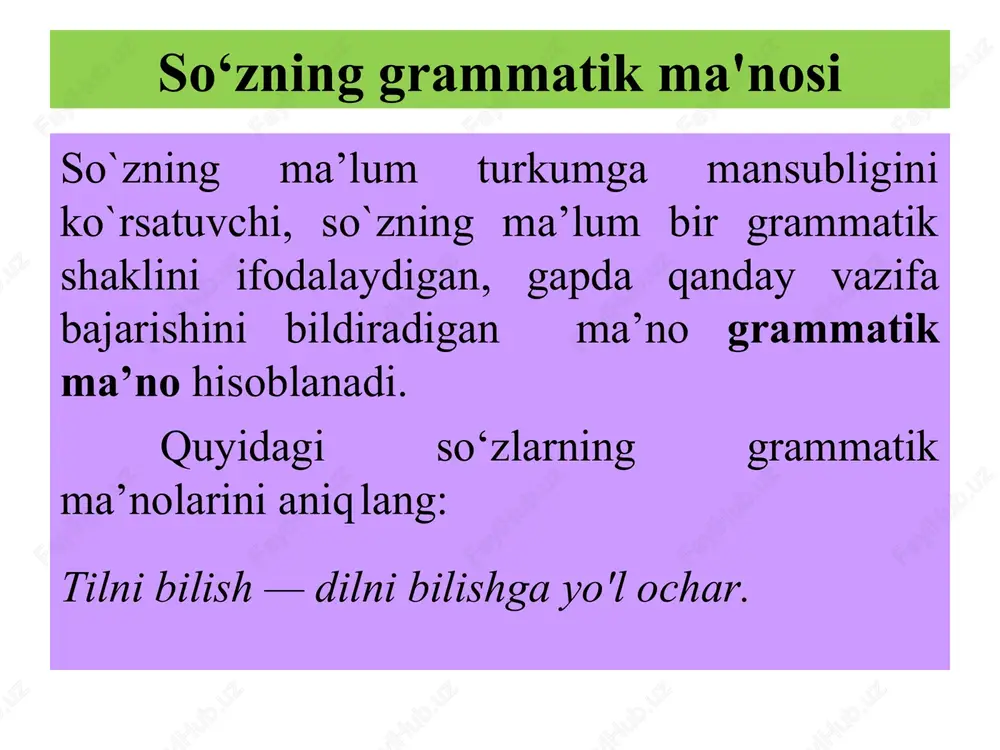 yalar, ya’ni otlarga xos bo`lgan son, egalik, kelishik kategoriyalari, fe’llarga xos bo`lgan bo`lishli-bo`lishsizlik, nisbat, mayli, zamon, shaxs-son kategoriyalari kiradi. davom ettiring: sintaktik kategoriyalar sintaktik grammatik kategoriyalar deyilganda, gap, gap bo`laklari: ega, kesim, to`ldiruvchi, aniqlovchi, hol kabilar nazarda tutiladi. davom ettiring: morfologiya haqida ma’lumot morfologiya qismida so`z turkumlari va ularga xos bo`lgan shakllar haqida bahs yuritiladi. morfologiya so‘zi yunoncha morfe – shakl, logos – fan, ta’limot degan ma’nolarni ifodalaydi. so‘z turkumlari haqida ma’lumot so`zlarning ma’no va grammatik belgilarining o`xshashligiga qarab guruhlarga bo`linishi so`z turkumlari deyiladi: so’z turkumlari tarixi haqida umumiy ma’lumot ot (ism) sifat son olmosh fe’l ravish yordam-chilar hindlar + + + arablar + + + yunonlar + + + + + + ruslar + + + + + + + * so’zlarni turkumlarga ajratish tamoyillari leksik-semantik tamoyil morfologik tamoyil tamoyillar sintaktik tamoyil so’zlarni turkumlarga ajratishning leksik-semantik tamoyili 1.so’zlar lug’aviy ma’no ifodalaydi: odam – (kim?) ongli mavudot; sariq – (qanday?) …