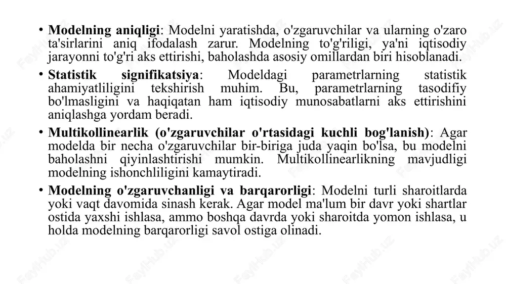 tasvirlash zarurati tug’iladi. ma’lumki, to’g’ri burchakli koordinatalar tizimida to’g’ri chiziqning tenglamasi, quyidagi ko’rinishga ega : y = a + b x korrelyatsion bog’lanishning ushbu matematik ifodasi regressiya tenglamasi deyiladi, tenglamaning a va b koeffitsientlari esa regressiya tenglamasining parametrlari deyiladi. y = a + b x - regressiya tenglamasi to’g’ri chiziqning ham tenglamasi bo’lishi mumkin. regressiya tenglamalari ikki xil bo’ladi : 1. to’g’ri tenglama y = a1 + bu \ x • x 2. teskari tenglama x = a2 + b x \ u • u bu erdagi a1 , bu \ x , a2 va b x \ u - aniqlanishi kerak bo’lgan koeffitsientlar. misol. bir guruh talabalarning tanasi absolyut yuzasi x ( m 2 ) va og’irligi y (kg) o’lchangan va quyidagi natijalar qayd etilgan. x : 1,86; 1,76; 1,74; 1,80; 1,68; 1,81; 1,71; 1,80; y : 69, 64, 63, 67, 60, 66, 63, 58. tana og’irligi bilan uning …