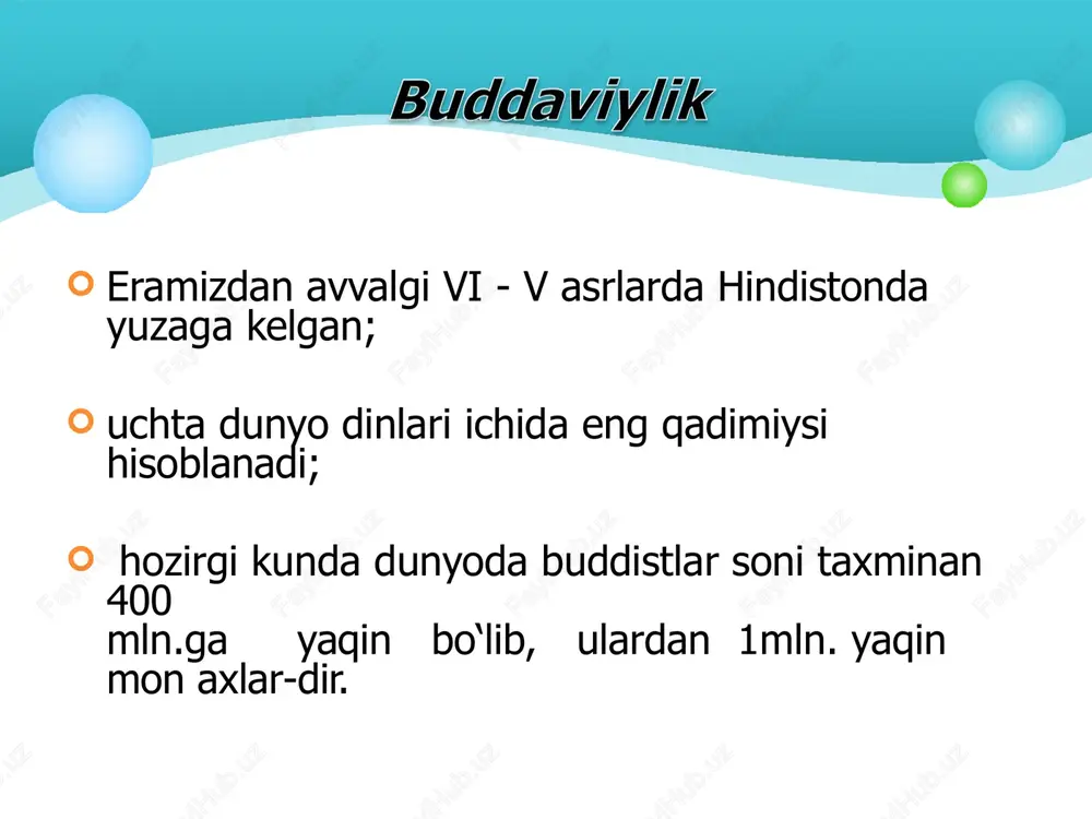 xix-xx asrlarda amerika va yevropa qit'alariga buddaviylik kirib borgan. buddaviylik manbalari tripitaka (yoki tipitaka) - uch savat ma'nosini anglatadi. u uch qismdan iborat bo‘lganligi uchun shunday nom bilan atalgan. ular: sutta-pitaka - budda targ‘ibotining haqiqiy bayoni hisoblangan sutra matnlari; vinaya-pitaka -rahboniylik ahloqi va xonaqohlar nizomlariga bag‘ishlangan vinaya matnlari; abxidxarma-pitaka -buddaviylikning falsafiy va psixologik muammolarini bayon qilib berishga bag‘ishlangan abxidxarma matnlaridan iborat. e'tiboringiz uchun rahmat! image8.png image9.png image10.png image11.jpeg image12.png image13.png image14.png image15.png image16.jpeg image17.png image18.jpeg image19.jpeg image7.png image4.png image5.png image6.png