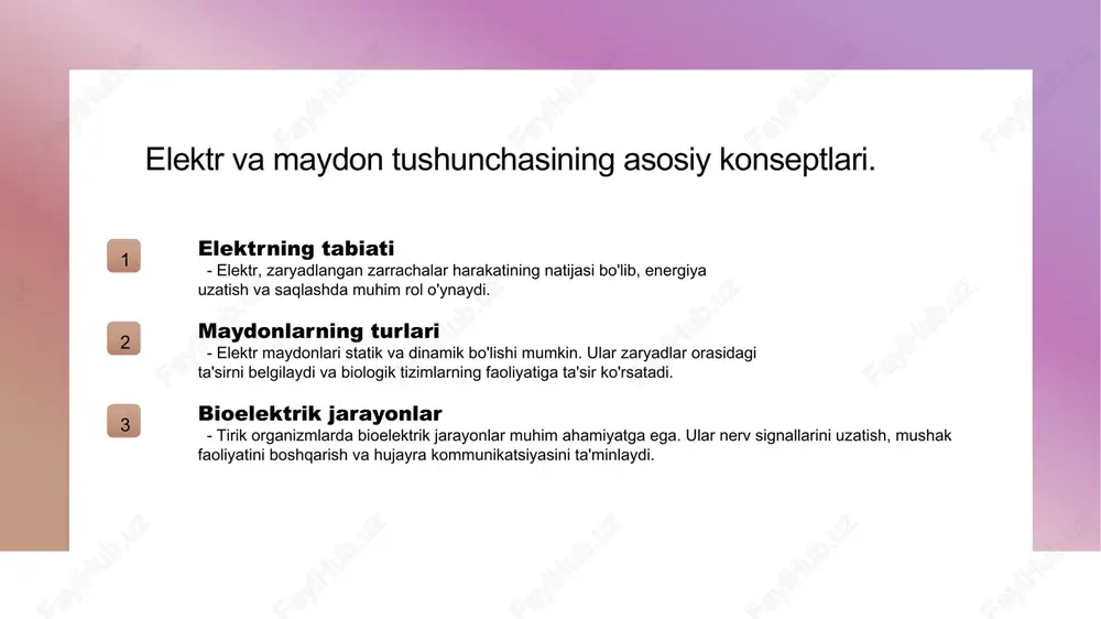 imkonini beradi. elektr maydonlarning tirik organizmlar bilan o'zaro ta'siri. elektr maydonlari elektr maydonlari tirik organizmlar uchun muhim rol o'ynaydi, ularning biologik jarayonlarini, masalan, hujayralararo aloqa va energiya uzatishni ta'sir qiladi. bioelektrik o'zgarishlar elektr maydonlari tirik organizmlarda bioelektrik o'zgarishlarni keltirib chiqaradi, bu esa metabolizm va hujayra faoliyatini rag'batlantiradi, sog'liqni yaxshilaydi. salomatlik va xavflar uzoq muddatli elektr maydonlariga ta'sir qilish salomatlikka zarar yetkazishi mumkin, bu esa saraton va boshqa kasalliklarni rivojlantirish xavfini oshiradi. bioelektrik faoliyat va uning biologik jarayonlarga ta'siri. bioelektrik jarayonlar bioelektrik jarayonlar tirik organizmlarda energiya va axborot uzatish mexanizmlarini tashkil etadi, hujayralararo aloqalarni ta'minlaydi. hujayralardagi rol bioelektrik faoliyat hujayralardagi ion almashinuvi va potentsial farqlarini boshqaradi, bu esa biologik jarayonlar, masalan, mushak va nerv faoliyatini ta'sir qiladi. tibbiyotdagi ahamiyati bioelektrik hodisalar tibbiyotda diagnostika va davolashda muhim rol o'ynaydi, elektroterapiya va biofeedback kabi usullar orqali sog'liqni yaxshilaydi. tirik organizmlarda elektromagnit maydonlarning roli. 1 elektromagnit maydonlar elektromagnit maydonlar tirik organizmlar uchun muhimdir, chunki …