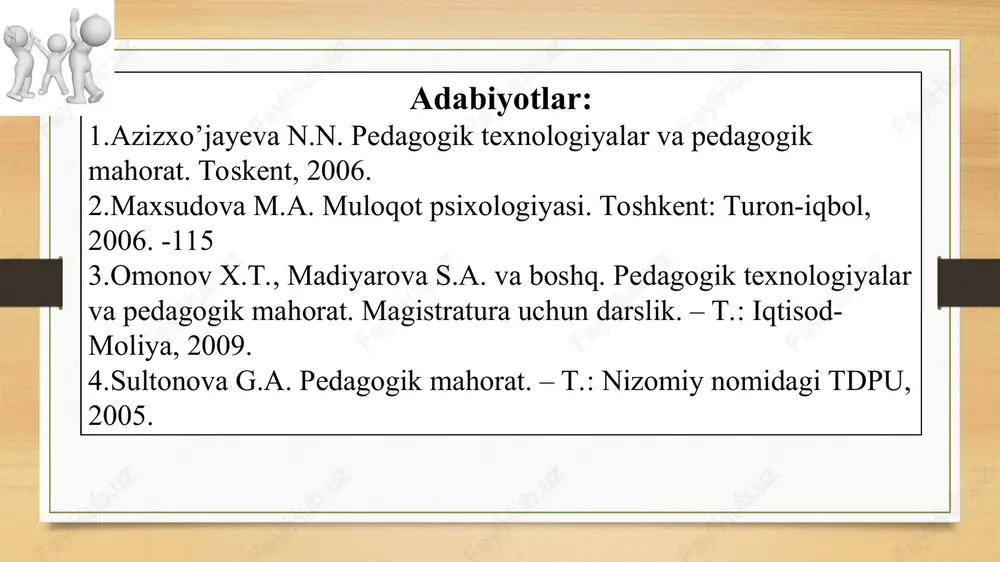 ha o’qituvchi yakka o’zi hal qiladi, ta’lim oluvchilar tomonidan ko’rsatiladigan barcha tashabbusni taqiqlaydi. bu uslubni qo’llovchi o’qituvchining muloqot metodlari sifatida buyruq, ko’rsatma berish va tanbeh xizmat qiladi. demokratik uslub. bunda o’qituvchi jamoa fikriga tayangan holda ish tutadi, faoliyat maqsadini barcha ta’lim oluvchiga yetkazishga harakat qiladi, faoliyatning kechishini muhokama qilishga barchani jalb etadi; o’z vazifasini faqat nazorat va munofiqlashtirish deb bilmay, tarbiya bilan ham shug’ullanadi; barcha ta’lim oluvchilarni rag’batlantiradi va ularda o’z-o’ziga ishonchni shakllantiradi; jamoada o’z-o’zini boshqarish rivojlanadi. bu uslubni qo’llovchi o’qituvchi barcha jamoa a’zolarining individual xususiyatlarini inobatga olgan holda ular o’rtasida vazifalarni teng bo’lishga harakat qiladi; tashabbus va faollikni rag’batlantiradi. bunday o’qituvchining muloqotda qo’llaydigan metodlari – iltimos, maslahat, axborot berishdir. liberal uslub – boshqacha qilib aytganda, anarxik. o’qituvchi jamoa hayotiga umuman aralashmaslikka harakat qiladi, faolligi sust, muammolarni yuzaki ko’rib chiqadi, boshqalarning ta’siriga oson tushib qoladi. ma’suliyatdan o’zini olib qochadi va o’z avtoritetini yo’qotadi. v.a.kan-kalik pedagogik muloqotni munosabatlar va o’zaro ta’sir …