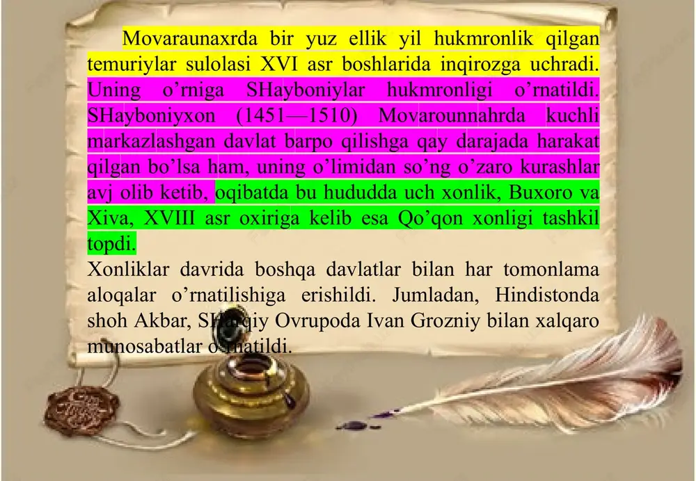 tab va madrasalarda o’quv qo’llanmalari sifatida keng foydalanilgan. so’fi olloyor «siroj ul-ojizin», «sabot ul-ojizin»> «murod ul-orifin», «najot ul-tolibin» kabi asarlarni yaratgan. «so’fi olloyor» nomi bilan xalq orasida mashhur bulgan «sabot ul-ojizin» asari maktablarda savod chiqarilishi bilan o’qitilar edi. unda islom dinining asosiy aqidalari bayon etilgan. ular insoniy fazilatlar, badiiy hikmatlar tarzida ifodalanadi. kitobda ilgari surilgan masalalar oyatu hadislarga muvofiq yozilgan. asar fors va arab tilini bilmagan oddiy xalq uchun muljallab yozilgan edi. barcha madrasalarda majburiy fan sifatida «qur’on», «tafsir», «odob as-solihin», «maslak ul-muttaqin», «sabot ul-ojizin», «kimyoi saodat», «hadis» o’qitilgan. xix asr sharoitida maktablarning aniq bir ta’lim tizimi haqida gapirish bir oz qiyin. bu davrda asosan maktablarning, ya’ni ta’lim muassasalarining quyidagicha boshlang’ich maktablar tuzilishiga ega ekanini kuzatamiz: maktablar: a) o’g’il bolalar maktablari —o’g’il bolalarga diniy ta’lim-tarbiya beradigan boshlang’ich maktablar; b) otinoyi maktablari — qiz bolalarga islom qoidalarini o’rgatadigan va boshlang’ich ta’lim beradigan maktablar. madrasalar o’g’il bolalarga diniy ta’lim beruvchi oliy ta’lim …