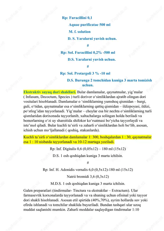 n. # rp: sol. protargoli 3 % -10 ml d.s. burunga 2 tomchidan kuniga 3 marta tomizish uchun. ekstraktiv suyuq dori shakllari. bular damlamalar, qaynatmalar, yig’malar ( infusum, decoctum, species ) turli dorivor o‘simliklardan ajratib olingan dori vositalari hisoblanadi. damlamalar o ‘simliklarning yumshoq qismidan – bargi, guli, o‘tidan, qaynatmalar esa o‘simliklarning qattiq qismidan – ildizpoyasi, ildizi, po‘stlog’idan tayyorlanadi. yig’malar – choylar esa bir nechta o‘simliklarning turli qismlaridan dorixonada tayyorlanib, xaltachalarga solingan holda beriladi va bemorlarning o‘zi uy sharoitida shifokor ko‘rsatmasi bo‘yicha tayyorlaydi va iste’mol qiladi. bular kuchli ta’sirli va zaharli o‘simliklardan holi bo‘lib, asosan, ichish uchun mo‘ljallanadi ( qoshiq, stakanlarda). kuchli ta’sirli o‘simliklardan damlamalar 1: 300, boshqalardan 1 : 30, qaynatmalar esa 1 : 10 nisbatda tayyorlanadi va 10-12 martaga yoziladi. rp: inf. digitalis 0,6 (0,05x12) – 180 ml (15x12) d.s. 1 osh qoshiqdan kuniga 3 marta ichilsin. # rp: inf. h. adonidis vernalis 6,0 (0,5x12)-180 ml (15x12) natrii bromidi …
