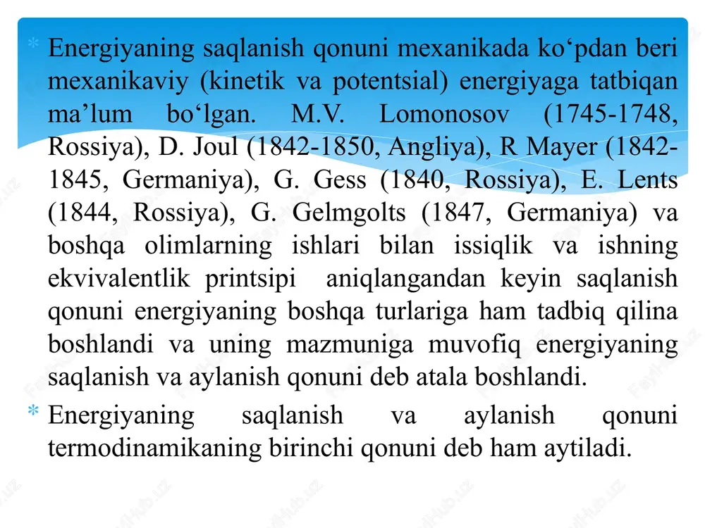 gan ishini tenglamasini keltirib chiqarish uchun, termodinamik jarayon muvozanatda hamda bosim o‘zgarmas deb qabul qilamiz. aytaylik, silindr porsheni ostida 1 kg gaz tursin. uning bosimi p atrof muhit bosimi pm ga teng, solishtirma hajmi ѵ1 va porshen yuzasi f bo‘lsin (4.1 rasm). gazga elementar dq issiqlik miqdori uzatilsa, gaz o‘zgarmas bosimda kengayib porshenni biror ds masofaga siljitadi hamda tashqi kuchlarga qarshi elementar ish bajaradi: gazning 1 hajmdan 2 gacha kengayishida bajarilgan to‘la ishni (4.1 -rasm) quyidagicha ifodalash mumkin. yuqoridagi ifodadan ko‘rinib turibdiki, yopiq termodinamik tizimda gazning kengayishi hisobiga bajarilgan ish bosim bilan hajm o‘zgarishining ko‘paytmasiga teng. termodinamik tizimning bajargan ishi musbat yoki manfiy ishorali bo‘lishi mumkin. masalan, gaz tashqi kuchlar ta’siridan siqilsa, ya’ni porshen chap tomonga qarab harakatlansa, unda bajarilgan ish manfiy (dℓ 0) ishorali bo‘ladi. tashqi bosim kuchlariga qarshi bajariladigan, tizim hajmining o‘zgarishiga bog‘liq bo‘lgan ish ℓ1 kengayish ishi deb yuritiladi. kengayish ishini tizim atrofdagi muhit ustida bajaradi. shuni …