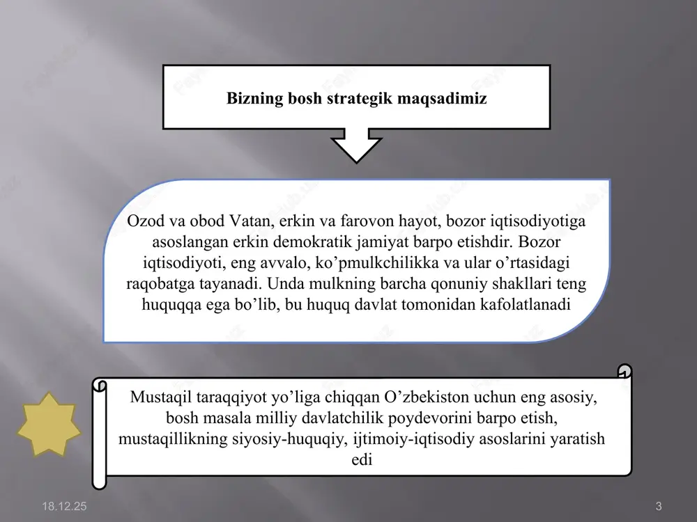 n tashabbuslar i. karimov 1992-yil 2-iyulda o`zbekiston oliy kengashining xii chaqiriq x sessiyasida «istiqlol yo`li: muammolar va rejalar» mavzusida nutq so`zladi va u «bizning ijtimoiy taraqqiyot va yangilanish borasida o`z yo`limiz bor»- deb e`lon qildi. bozor iqtisodiyotiga o`tar ekanmiz, milliy-tarixiy turmush tarzimizni, xalqimiz urf-odatlarini, an`analarini kishilarning fikrlash tarzini hisobga olamiz, dedi va tub islohotlarni amalga oshirish borasida dastlabki tamoyillarni belgilab berdi. islom karimovning «o’zbekistonning o’z istiqlol va taraqqiyot yo’li» asari o’zbekiston taraqqiyotining o’ziga xos yo’li va demokratik jamiyat qurishning jahon taraqqiyoti tajribasi tahlil qilindi. umuman, bu asar 5 qism, bo’limlarni o’zida ifoda etadi o’z yo’limizning shart-sharoiti va zaminlari o’zbekiston demokratik va itimoiy adolat jamiyati milliy manfaatlar ustuvorligi va teng huquqli hamkorlikka asoslangan tashqi siyosat ijtimoiy jihatdan yo’naltirilgan bozor iqtisodiyotini qurish – mustaqil o’zbekiston ichki siyosatining negizlari mustaqil o’zbekistonni rivojlantirishning ma’naviy-axloqiy negizlari 1 2 4 5 3 * * * * mustaqllikning dastlabki yillaridan boshlangan keng ko`lamli islohotlar mamlakatimiz taraqqiyotining strategik …