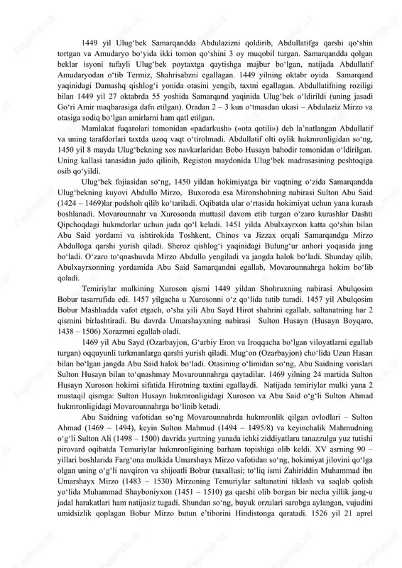 bo‘lsak, u amir temur singari jang-u jadallarga qiziqmadi. bu sohaga uning ortiqcha rag‘bati ham bo‘lmagan. faqat zaruriyat taqozo qilgandagina u harbiy yurishlarni amalga oshirgan. xususan, 1414 yilda farg‘ona hukmdori shahzoda ahmad itoatdan bosh tortishga uringan paytda u katta qo‘shin tortgan va va uni yenggan. qashg‘ar ham to 1428 yilgacha ulug‘bekka tegishli bo‘lgan. mirzo ulug‘bek o‘z hukmronligi davomida 2 marta yirik harbiy yurish qilgan. 1 – chi harbiy yurishi – 1425 yilning erta bahorida o‘zini mustaqil xon deb e’lon qilgan mo‘g‘uliston xoni shermuhammad o‘g‘lon (1421 – 25)ga qarshi yurish boshladi. issiqko‘l yaqinida sodir bo‘lgan to‘qnashuvda ulug‘bek mo‘g‘ullar ustidan g‘alaba qozonadi va mahalliy muxolifotchi kuchlarni bartaraf etib, mamlakat sharqiy chegaralarini mustahkamlaydi. qo‘lga kiritilgan o‘ljalar orasida ikki bo‘lak nefrit toshi ham bor edi. keyinchalik bu nefritdan amir temur maqbarasi uchun qabrtoshi yasattiriladi. mo‘g‘ulistonda bo‘lgan bu urushda ulug‘bek qozongan g‘alabaning nishoni tarzida jizzax yaqinida ilono‘tti darasi ichida hijriy 828 – yilda (1428) ulug‘bek tomonidan …
