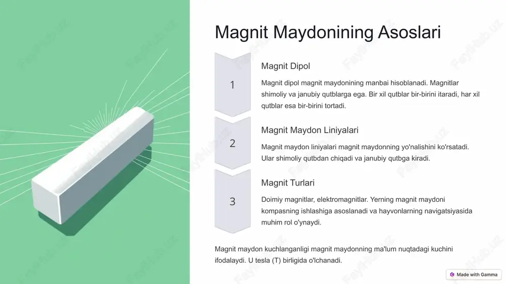 sh liniyalari atrofida elektr maydoni hosil bo'ladi. elektr maydonining ta'siri hujayra darajasida boshlanib, butun organizmga ta'sir qilishi mumkin. ushbu ta'sirning mexanizmlari to'liq o'rganilmagan. 6 magnit maydonining ta'siri 1 qon aylanish tizimi 2 suyak to'qimalari 3 mrt magnit maydoni qon aylanish tizimiga ta'sir qilishi va qon hujayralarining polarizatsiyasiga olib kelishi mumkin. suyak to'qimalarining tiklanishiga va o'sishiga ta'siri borligi haqida ma'lumotlar mavjud. magnit rezonans tomografiyasi (mrt) tibbiyotda keng qo'llaniladi va biologik xavfsiz hisoblanadi. 7 elektromagnit nurlanishning ta'siri elektromagnit spektr elektromagnit spektr radio to'lqinlaridan gamma nurlarigacha bo'lgan turli xil nurlanish turlarini o'z ichiga oladi. 1 mobil telefonlar mobil telefonlar, wi-fi routerlar va boshqa qurilmalar elektromagnit nurlanish chiqaradi. 2 saraton kasalligi ba'zi tadqiqotlar elektromagnit nurlanishning saraton kasalligi va boshqa sog'liq muammolari bilan bog'liqligini ko'rsatadi. 3 elektromagnit nurlanishning tirik organizmlarga ta'siri nurlanishning turi, chastotasi va intensivligiga bog'liq. 8 himoya choralarini ko'rish tavsiyalar elektromagnit maydonlar ta'sirini kamaytirish bo'yicha tavsiyalar berilgan. masofani saqlash. nurlanish vaqtini cheklash. himoya …