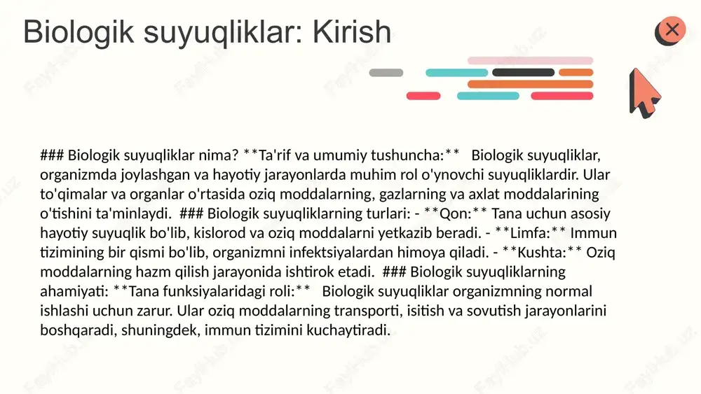 tushunishga yordam beradi. biologik to'qimalarning mexanik xossalari tibbiyotda va biologik tadqiqotlarda qo'llaniladi, masalan, implantlar va protezlar yaratishda. xulosa - biologik suyuqliklar, masalan qon va limfa, organizmda asosiy rol o'ynaydi va ularning mexanik xossalari to'qimalar bilan o'zaro ta'sir qiladi. - nyuton suyuqliklarining viskozlik xususiyatlari sanoat va texnologiyada muhim ahamiyatga ega, bu esa oqimni va energiya sarfini optimallashtirishga yordam beradi. - pauzeyl qonuni qattiq jisimlar va biologik to'qimalar o'rtasidagi o'zaro ta'sirni tushunishga yordam beradi, bu esa klinik va ilmiy tadqiqotlarda muhim ahamiyatga ega. foydalanilgan adabiyotlar 1. a. m. shukurov. qattiq jisimlar va biologik to'qimalarning mexanik xossalari. o'zbekiston milliy universiteti, 2022 2. f. a. tursunov. biologik suyuqliklar va ularning mexanik xossalari. tibbiyot fanlari, 2021 3. m. n. abdurakhmanov. nyuton suyuqliklar va ularning amaliy qo'llanilishi. fizika va mexanika, 2023 4. r. a. sodikov. pauzeyl qonuni va biologik to'qimalarga ta'siri. biologiya va tibbiyot, 2020 5. d. k. murodov. biologik to'qimalar va ularning mexanik xossalari. o'zbekiston …