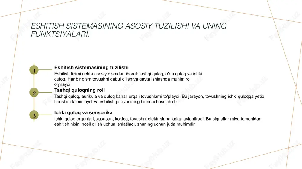 i yaxshilashda muhimdir. ular eshitish qobiliyatini tiklashda innovatsion yechimlarni taklif etadi. eshitish sezgirligini o'lchash: nazariy asoslar va usullar. 1 eshitish sezgirligini aniqlash - eshitish sezgirligi, inson qulog'ining ovozlarni qanchalik yaxshi qabul qilishi bilan bog'liq. bu sezgirlikni aniqlash uchun turli usullar mavjud. 2 metodologiya va usullar - eshitish sezgirligini o'lchashda, audiometriya, tonometrik testlar va boshqa akustik metodlar qo'llaniladi, har biri turli ovoz intensivlik va chastotalarini baholaydi. 3 o'lchov natijalari - o'lchov natijalari, eshitish salomatligini baholash uchun muhimdir. ular, eshitish qobiliyatining pasayishi yoki muammolarni aniqlashda qo'llaniladi, reabilitatsiya rejalari uchun asos bo'ladi. quloqning funktsional xususiyatlari va eshitish sezgirligi. quloqning tuzilishi quloqning tuzilishi ichida tashqi quloq, o'rta quloq va ichki quloq mavjud. har bir qism ovoz to'lqinlarini qabul qilish va ishlov berishda muhim rol o'ynaydi. eshitish jarayoni eshitish jarayoni, ovoz to'lqinlarining quloq orqali miya qismiga yetib borishi bilan boshlanadi. u yerda to'g'ri signal sifatida qabul qilinadi va tahlil qilinadi. sezgirlik darajalari quloq sezgirligi ovoz …