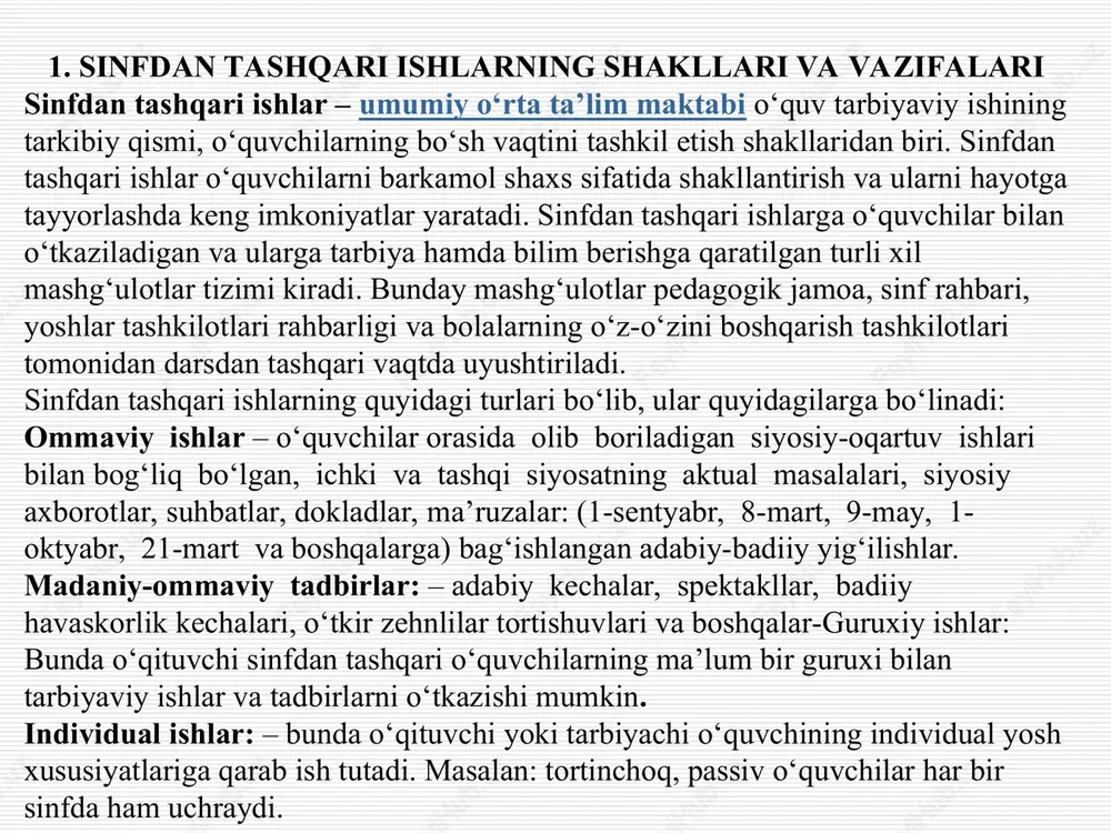 adilar, rus tilidagi tarjimasi bilan tanishadilar, shu jarayonda ayrim yangi so‘zlarni bilib oladilar. shuningdek, ko‘rgazmaning ma'rifiy jihati ham bor: o‘quvchi kitobni yozgan adibning kim ekanligini bilib oladi. san’at asarlari ko`rgazmasi. har bir asarning tagida uning nomi, unda nima tasvirlangani, san’atkorning nomi yozib quyilgan bo‘ladi. bunday ko‘rgazma bolalarning didini o‘stirish, o‘zbekona milliy qadriyatlarga oshno etish, o‘zbek san’atkorlari bilan tanishtirishdan tashqari ularning so‘z boyligini oshirishga dam yordam beradi. fotolavhalar. suratlarning ostida ularda nima tasvirlangani yozib quyilgan bo‘ladi. o‘‘quvchilar shu gaplarni o‘qish orqali ayrim so‘zlar, so‘z shakllari bilan tanishish imkoniyatiga ega bo‘ladilar. darslarda egallangan bilim, ko‘nikma va malakalar faollashtiriladi. o‘zbek tili oyligi. ushbu tadbir davomida maktab koridorlaridagi sinf taxtalariga yangi so‘zlar, qolip-gaplar, ayrim gap namunalari yozib boriladi (yozuvlar har hafta almashtirib turiladi). ommaviy tanlovlar darsdan tashqari tadbirlardan biri bo‘lib, o‘quvchilarning mustaqil mutolaalariga imkoniyat yaratadi hamda shu asosda ular nutqini o‘stirishda muhim rol o‘ynaydi. bunday, tanlovlarning quyidagi turlari mavjud: a) ifodali o‘qish. bunday o‘qish …