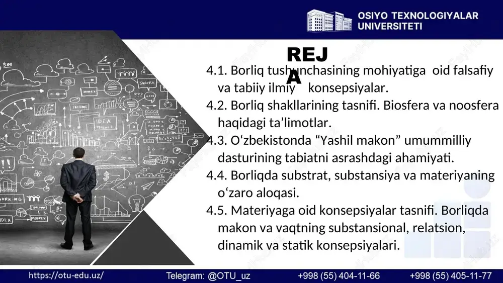 osi "vujudi vojib" ya'ni ollohdir. vujudi vojib bu birinchi mohiyat. uning mavjudligi sababini boshqa narsalardan qidirish noo'rin. chunki birinchi sabab uning natijasi bo'lgan xilma-xil jarayonlarning mohiyatiga bog'liq bo'la olmaydi “vujudi mumkin" esa doimo o'zgarishda, ziddiyatli munosabatlarda bo'lib, unda barcha narsalar oddiydan murakkabga, tartibsizlikdan tartiblilikka qarab harakat qiladi forobiyning fikricha borliq ikkiga bo'linadi ibn sino fikricha borliq 1 2 3 4.3. borliq shakllarining tasnifi. biosfera va noosfera haqidagi ta’limotlar. o'tgan zamondagi borliq yo'qlikdir. borliq doim hozirgi zamonda mavjud bo'ladi, u faqat hozirgi zamonda o'zini namoyon etadi. borliq va yo'qlik o'rtasida dialektik o'zaro aloqa mavjud. borliq falsafiy kategoriya sifatida dunyoni uning butun rang-barangligi va turli-tuman namoyon bo'lish shakllari bilan yaxlit aks ettirish imkonini beradi. yo'qlik borliqni inkor etadi va narsa, jism, hodisa, ong o'zligini yo'qotgan holatda "yo'qlik" atamasi ishlatiladi. 1 2 3 4 4.3. borliq shakllarining tasnifi. biosfera va noosfera haqidagi ta’limotlar. borliq shakllari moddiy borliq tabiat borlig'i notirik tabiat borlig'i ma'naviy …