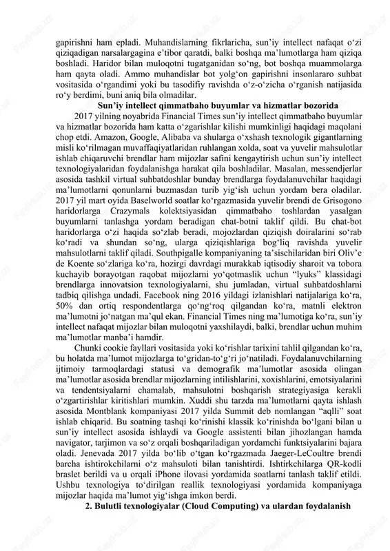 arayonida: yangi mahsulotlar yaratish samaradorligini oshirish, mehsulot yetkazib beruvchilarni avtomatik ravishda baholash, detallar va extiyot qismlarga bo‘lgan talablarni baholash; ishlab chiqarish jarayonida: turli xildagi masalalarning bajarish jarayonini mukammallashtirish, yig‘uv liniyalarini avtomatlashtirish, xatolar sonini kamaytirish va xomashyo yetkazish vaqtini kamaytirish. mahsulotni bozorda realizatsiya qilishda: baholash jarayonini boshqarish, xizmat ko‘rsatish bilan bog‘liq xizmatlar hajmi bashoratini amalga oshirish. hizmatko‘rsatishjarayonida: transportvositalariparki marshrutlarini rejalashtirishi mukammallashtirish, avtopark resurslarini boshqarish va xizmat ko‘rsatuvchi injenerlarni tayyorlash sifatini oshirish. logistikada sun’iy intellekt 2018 yilning may oyida mahsulotlarni ekspress usulda etkazib beruvchi logistika kompaniya soxasida ibm “logistikada sun’iy intellect” deb nomlangan hisobot taqdim etishdi. ushbu hisobotda sun’iy intellektning logistikada qo‘llanilish imkoniyatlari chamalanadi va bu industriyani zamonaga mos ravishda o‘zgartirish bo‘yicha, yangi turdagi logistik aktivlar yaratish bo‘yicha va logistikada intellectual operatsion tizimlar yaratish bo‘yicha bir qancha g‘oyalar ilgari suriladi. dhl va ibm sun’iy intellectdan foydalanganda logistika tarmog‘i qanday imko niyatlarga ega bo‘lishlari mumkinligini ham tushutirib o‘tganlar. ularning fikrlaricha, hozirgi davrda logiastika …