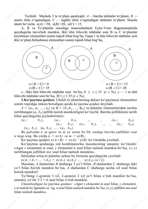 qat 1 ta tilni biluvchi talabalar soni ikki to‘plam birlashmasi elementlari sonini topish bilan bog‘liq. n ( b c) = 0 n ( b c) = 15 n (b c) = 35 n (b c) = 20 x—ikki tilni biluvchi talabalar soni bo‘lsa, 0 ≤ x ≤ 15 (x n0). u — 1 ta tilni biluvchi talabalar soni bo‘lsa, 20 ≤ u ≤ 35 (u n0). 3.ko‘paytma qoidasi. chekli to‘plamlarning dekart ko‘paytmasi elementlari sonini topishga imkon beradigan qoida ko‘paytma qoidasi deyiladi. a = {a1, a2, …, an} va b = {b1,b2, …, bm} to‘plamlar elementlaridan nechta tartiblangan (ai, bj.) juftlik tuzish mumkinligini ko‘raylik. barcha juftliklarni tartib bilan quyidagicha joylashtiramiz: (a1; b1), (a1; b2), … , (a1; bm), (a2; b1), (a2; b2), … , (a2; bm), (an; b1), (an; b2), … , (an; bm). bu jadvalda n ta qator va m ta ustun bo‘lib, undagi barcha juftliklar soni n·mga teng. bu …