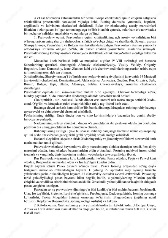 iriga borish, isoning qaytishi haqida va boshqa aqidalarni o‘z ichiga oladi. xristian jamoasining shakllanishi, uning aqidalarini tartibga solinishi, cherkov munosabatlarining ishlab chiqilishi, diniy tabaqalar tuzumining vujudga kelishi eramizning iv asr boshlarida 324 yili xristianlik rim imperiyasida davvlat dini deb e’lon qilinganidan so‘ng amalga oshdi. 325 yili tarixda birinchi marta rim imperatori lisiniya imperiya hududidagi xristian jamoalarini o‘zaro kelishtirish va tartibga solish maqsadida nikey shahrida i butun olam xristian soborini chaqirdi. 381 yili konstantinopolda ii butun olam xristian sobori bo‘lib o‘tdi. bu soborlarda xristianlik ta’limotining asoslari qabul qilindi va bu asoslar 12 qismda ifodalandi. birinchi qismda olamni yaratgan xudo haqida so‘z yuritiladi. ikkinchi qismda xudoning o‘g‘li isus xristosga imon keltirish haqida so‘z boradi. uchinchi qismda ilohiy mujassamlashuv haqida so‘z yuritilib, unga ko‘ra, iso xudo bo‘la turib, bokira bibi maryamdan tug‘ilgan va inson qiyofasiga kirgan. to‘rtinchi qismda isoning azob-uqubatlari va o‘limi haqida so‘z ketadi. bu gunohlarning kechirilishi haqidagi aqidadir. bunda isoning tortgan …