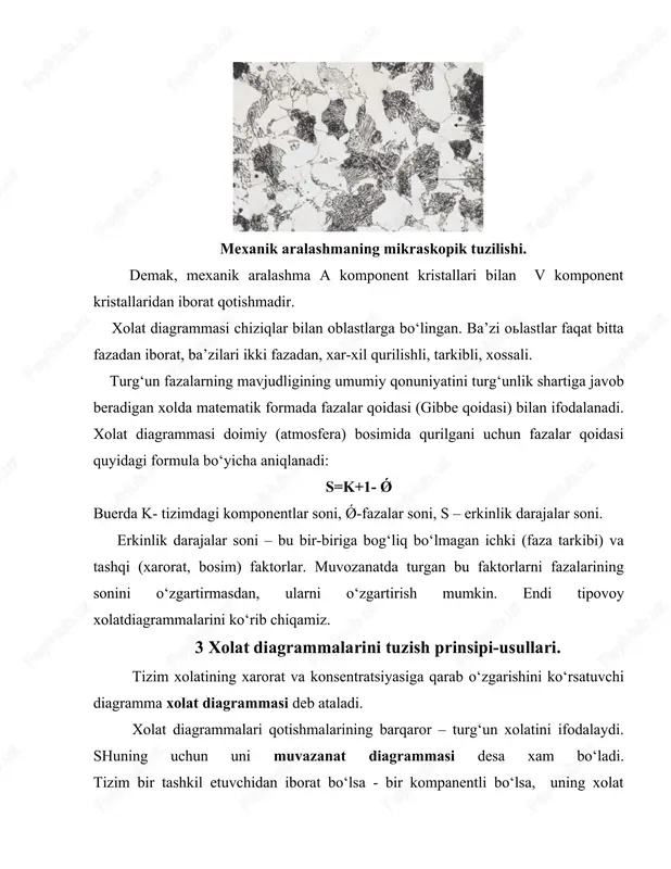 ini o‘zgartirmasdan, ularni o‘zgartirish mumkin. endi tipovoy xolatdiagrammalarini ko‘rib chiqamiz. 3 xolat diagrammalarini tuzish prinsipi-usullari. tizim xolatining xarorat va konsentratsiyasiga qarab o‘zgarishini ko‘rsatuvchi diagramma xolat diagrammasi deb ataladi. xolat diagrammalari qotishmalarining barqaror – turg‘un xolatini ifodalaydi. shuning uchun uni muvazanat diagrammasi desa xam bo‘ladi. tizim bir tashkil etuvchidan iborat bo‘lsa - bir kompanentli bo‘lsa, uning xolat diagrammasi bir to‘g‘ri chiziq – xarorat o‘qi bilan ifodalanadi. o‘qdagi nuqtalar tizimni muvazanat xaroratini ko‘rsatadi. ikki kompanentli tizimda abssissalar o‘qining xar bir nuqtasi xar qaysi kompanentning ma’lum bir miqdoriga to‘g‘ri keladi. rasm 3.3 da ko‘rsatilgan qo‘rg‘oshin – surma tizimini xolat diagramasini tuzish prinsipi ko‘rsatilgan. ko‘rg‘oshin – surma qotishmalarning sovish egri chiziqlari (chapda) va xolat diagrammasi (o‘ngda) rasm 3.3.a.da toza qo‘rg‘oshinni sovish egri chizig‘i tasvirlangan; qo‘rg‘oshin 327 s dan yuqorida suyuq xolatda bo‘lib, shu erni pastiga qattiq xolda bo‘ladi. rasm 3.3j. da esa toza surmani sovish egri chizig‘i ko‘rsatilgan: u 631sda eriydi va bundan pastda …