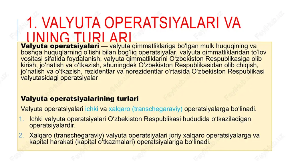 r. 3. kapital harakati operatsiyalari kapital harakati operatsiyalari jumlasiga joriy xalqaro operatsiyalar bo‘lmagan barcha xalqaro (transchegaraviy) valyuta operatsiyalari, shu jumladan quyidagilar kiradi: investitsiya faoliyatini amalga oshirish, jumladan rezidentlar tomonidan o‘zbekiston respublikasi hududidan tashqarida joylashgan o‘z filiallarini aylanma mablag‘lar bilan to‘ldirish; kreditlar (qarzlar) olish va berish, lizing operatsiyalarini amalga oshirish; ko‘chmas mol-mulkni sotib olish va sotish; chet davlatlardan mablag‘larni jalb etish hamda ularni chet davlatlardagi hisobvaraqlar va omonatlarga joylashtirish; intellektual mulk ob’ektlariga bo‘lgan mutlaq huquqni to‘liq olish yoki sotish. batafsil ma’lumot uchun qarang: «kapital harakati bilan bog‘liq ayrim valyuta operatsiyalarini amalga oshirish tartibi to‘g‘risida»gi nizom (ro‘yxat raqami 2536, 17.12.2013 y.). 3. kapital harakati operatsiyalari o‘zbekiston respublikasiga to‘g‘ridan-to‘g‘ri chet el investitsiyalarini jalb etish va ularni repatriatsiya qilish, shuningdek to‘g‘ridan-to‘g‘ri chet el investitsiyalarini amalga oshirish munosabati bilan olingan huquqlardan foydalanish cheklovlarsiz amalga oshiriladi. o‘zbekiston respublikasi diplomatik va boshqa vakolatxonalarining ehtiyojlari uchun o‘zbekiston respublikasidan tashqarida ko‘chmas mulk ob’ektlarini olish va qurish bo‘yicha kapital harakati …