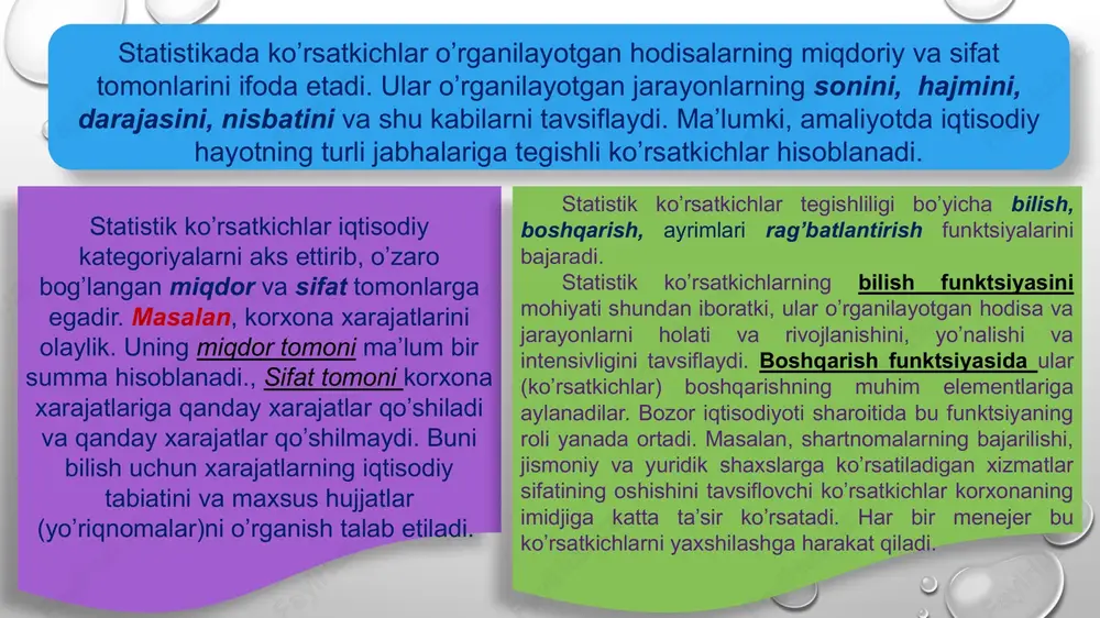 aq miqdorlar deyiladi. masalan, o’zbekistonning territoriyasi 448,978 ming kvadrat km., aholisi 35 603 443 kishi, respublikamizda 240 mingdan ortiq korxonalar. bularning hammasi mutlaq miqdorlardir. mutlaq miqdorlar ikki usulda aniqlanadi yoki hosil qilinadi: kuzatish ma’lumotlarini jamlash va maxsus hisob-kitob. to’plam birliklari kuzatishdan o’tgandan so’ng, ularni bir-biriga qo’shsak yoki ayirsak to’plam birliklari soni aniqlanadi. bunday ko’rsatkichlar son miqdorlar deyiladi. ayrim hodisalar sanash bilan emas, o’lchash yo’li bilan chiqariladi. masalan, sotilgan tovar miqdori, qazib olingan oltin va h.k. bunday ko’rsatkichlar hajm miqdorlar deyiladi. hisob kitob yo’li. masalan, do’konda sotilgan tovarlar hajmini shu usul bilan ham aniqlash mumkin. buning uchun bizga oy boshidagi tovar qoldig’i summasi, kelib tushgan tovarlar summasi va oy oxiridagi summa aniq bo’lishi kerak. ma’lumki, oy boshidagi qoldiq (ob) bilan kelib tushgan tovarlar (tk) yig’indisi, sotilgan (ts) tovarlar bilan oy oxirida qolgan qoldiq (oq) yig’indisiga tengdir: ob+tk=ts+o q, bu erdan ts=ob+tk-oq ifodalanishiga qarab mutlaq miqdorlar: yakka mutlaq miqdoqlar statistic kuzatish jarayonida …