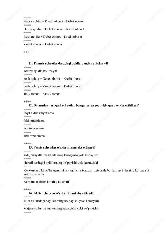 ga olish ==== xo`jalik jarayonlarini buxgalteriya hisobi schyotlarida aks ettirish ==== xo`jalik jarayonlarini maxsus hujjatlarda aks ettirish ==== xo`jalik jarayonlarini bosh kitobga yozish ++++ 19. ikkiyoqlama yozuv – bu … ==== #xo`jalik jarayonlarini ikki va undan ortiq schyotlarda aks ettirilishi ===== xo`jalik jarayonlarini hisob registrlarida aks ettirish ==== xo`jalik jarayonlarini hujjatlashtirish ==== xo`jalik jarayonlarini bosh kitobga kiritish ++++ 20. baholash – bu ... ==== #xo`jalik mablag`lari va jarayonlarini pul o`lchov birligida ifodalash ==== mahsulot tannarxini aniqlash ==== kassada tushumni aniqlash ==== ombordagi materiallarni qayta ro`yxatdan o`tkazish ++++ 21. inventarizasiya – bu … ==== #korxona mablag`larni qayta ro`yxatdan o`tkazish ==== mahsulot tannarxini aniqlash ==== mahsulot bahosini aniqlash ==== sotishdan tushgan tushumni aniqlash ++++ 22. kalkulyasiya – bu … ==== #mahsulot tannarxini aniqlash ==== mahsulot bahosini aniqlash ==== ombordagi mablag`larni qayta ro`yxatdan o`tkazish ==== sotishdan tushgan tushumni aniqlash ++++ 23. buxgalteriya hisobining obyekti ==== #xo`jalik mablag`lari, manbalari, jarayonlari ==== hom ashyo va …