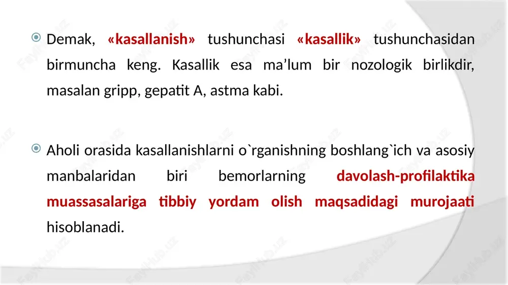 ik bilan kasallanish muhim noepidemik kasalliklar bilan kasallanish mehnat qobiliyatini vaqtincha yo`qotishga olib keladigan kasalliklar shifoxonada yotgan bemorlarning kasallanishlari nogironlik tibbiy ko`rik ma`lumotlari dastlabki tibbiy ko`rik davriy tibbiy ko`rik o`lim sabablarini o`rganishdan olingan ma`lumotlar patologoanatomik va gistologik tekshirishlar kasallanish ko`rsatkichlarining ba’zi tahlillari kasalliklar strukturasi (ja’mi kasalliklar ma’lum kasalliklar soni * 100 ichida ayrimlarning ulushlari, = --------------------------------------- sinflar, nozologik formalar bo`yicha) umumiy kasalliklar soni tibbiy ko`rikda tibbiy ko`rikda aniqlangan aniqlangan kasalliklar kasalliklar soni * 1000 ko`rsatkichi = ------------------------------------- tibbiy ko`rikdan o`tkazilgan shaxslarning umumiy soni salomatlik indeksi - mazkur kollektivda yil bo`yi (kollektivda yil bo`yi kasal bo`lmagan ishchilar soni * 100 kasal bo`lmagan = ------------------------------------------------ ishchilarning ulushi) ishchilarning o`rtacha soni yuqumli kasalliklar statistikasi. yuqumli kasalliklar aholi uchun xavf tug`diradi, chunki o`z vaqtida yuqumli kasalliklarning oldi olinmasa, ular tez tarqalib epidemiyaga aylanadi. shu munosabat bilan ularni nazorat qilish uchun har bir yuqumli kasallikni o`z vaqtida qayd etib, tuman, shahar seovajs bo`limlariga shoshilinch xabar …