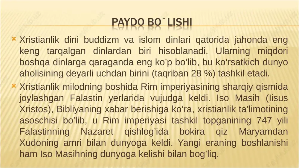 bat haqida; o’ninchi qismda cho’qintirishning gunohlardan forig’ qilishi haqida; o’n birinchi qism o’lganlarning ommaviy tirilishi haqida; o’n ikkinchi qismda abadiy hayot haqida so’z yuritiladi. pravoslav oqimi xristianlikning uch asosiy yo’nalishidan biri o’laroq, tarixan uning sharqiy shohobchasi sifatida shakllandi. bu oqim, asosan, sharqiy yevropa, yaqin sharq va bolqon mamlakatlarida tarqalgan. pravoslav atamasi yunoncha ortodoksiya so’zidan olingan bo’lib, ilk davr xristian yozuvchilari asarlarida uchraydi. pravoslaviyaning kitobiy asoslari vizantiyada shakllandi, chunki bu yo’nalish u yerdagi hukmron din edi. xristianlikning sharqiy tarmog’i bo’lmish pravoslaviyaning rivojlanishi jarayonida 15 mustaqil (avtokefal) cherkov: konstantinopol, aleksandriya, antioxiya, quddus, gruzin, serb, rumin, bolgar, kipr, ellada, alban, polyak, chexiya, slovakiya, rus va amerika cherkovlari vujudga keldi. bu cherkovlardan eng kattasi rus pravoslav cherkovi (rpch, boshqa rasmiy nomi moskva patriarxati) bo’lib, unga 19 ming cherkov va 127 yeparxiya birlashgan. bulardan 150 dan ortiq cherkov va 5 yeparxiya chet elda faoliyat olib boradi. pravoslav oqimida sirli rasm-rusumlar muhim o’rin egallaydi. cherkov ta’limotiga …