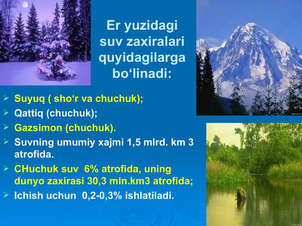 i – 200l/koyka poliklinika – smenada 1 bemor uchun 13 litr suvning gigienik normativlari ds (davlat standarti) asosida olib boriladi : gost 950-2011: «ichimlik suviga bo‘lgan gigienik talablar va sifatini ustidan nazorati» standartda ichish uchun va xo‘jalikda axoli foydalaniladigan xar qanday markaziy usulda beriladigan vodoprovod suviga bo‘lgan fizik, kimyoviy, bakteriologik talablar keltirilgan. epidemiologik jixatdan xavfsiz. kimyoviy tarkibi jixatidan bezarar, yoqimli organoleptik xususiyatlarga ega bo‘lishi kerak. suvning epidemiologik xavfsizligini ko‘rsatkichlari mikroorganizmlar soni umumiy mikroblar soni 1 ml suvda 100 dan ortmasligi kerak. koli-indeks – 3 (ichak tayoqchalari esa 3 -tadan ortmasligi kerak), koli-titr – 300 (bittadan ichak tayoqchasi mavjud bo‘lgan suvning eng oz miqdori 300 ml bo‘lishi kerak), esherixiy, kolifag va gelmintlar bo‘lmasligi kerak. suvning organoleptik ko‘rsatkichlari suvning hidi 20 gradusli temperaturada va 60 gradusgacha isitilganda 2 balldan ortib ketmasligi kerak. ta’mi 2 ball hidi 2 ball loyqaligi 1,5 m/l rn 6-9 quruq qoldiq 1000( 1500)mg/l temir 0,3 mg/l umumiy qattiqlik …