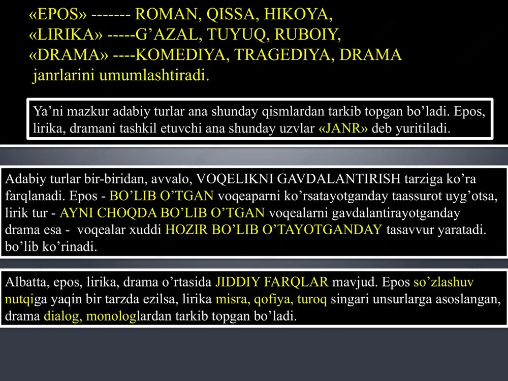ik turga mansub janr hisoblanadi. feletonlar ijobiy mazmunda ham, salbiy-hajviy, tanqidiy yo’nalishda ham bo’lishi mumkin. biroq odatda, salbiy-hajviy, tanqidiy yo’nalishdagi feletonlar ko’proq yoziladi. sonet o’n to’rt misradan tarkib topgan bo’ladi. sonetlar asosan a-b-b-a - a-b-b-a - v-v-g - d-g-d tarzida qofiyalanadi. marsiya - biror kishining vafoti munosabati bilan hamhardlik bildirib yoziladigan she’riy janr. sharq xalqlari adabiyotida keng tarqalib kelgan qasida ham lirik turga mansub janr sanaladi. bu she’riy janrga mansub asarlar ko’pincha mashhur shaxslarga atab yoziladi. ballada italyancha so’z bo’lib, «raqsga tushish» degan ma’noni bildiradi. raqsga tushish chog’ida aytilgan o’zbekcha yallaga o’xshagan qo’shiqhar ballada deb atalgan. drama maxmudxo’ja behbudiy (1875-1919)ning «padarkush» asari o’zbek adabiyotidagi ilk drama deyiladi. bu drama 1911 yilda yozilgan drama asarlari «san’atning gultoji« deyilsa-da, unda sun’iylik, yasamalik borligi sezilib turadi. masalan, aktyor sahnada rol ijro etadi, ya’ni muqallidlik qiladi. u o’zini har xil odamlar qiyofasiga solib ko’rsatadi. mana shu hodisaning o’ziyoq dramaning epos va lirikadan ko’ra sintetik …