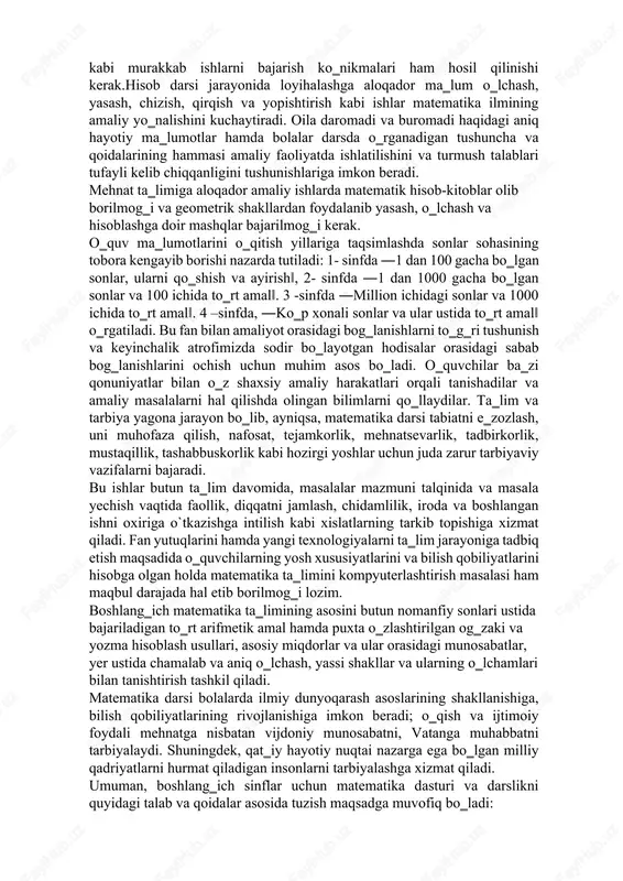 sub‗ektning masalaga ijodiy talablarini qondirivchi munosabatiga bog‗liqdir. matematikaga ixtisoslashgan sinflarda o‟qitishda o‟quvchilarning mustaqil fikrlashini shakllantirish maqsadida o`quvchilar egallashi kerak bo`lgan malaka va ko`nikmalarni tanlash. matematika boshlang‗ich sinflarda o‗rgatiladigan asosiy o‗quv fanlaridan bo‗lib, mustaqil o‗zbekiston respulikasi manfaatlari, o‗zbekona odob va milliy an‗analar ruhi, xalqaro bilimdonlik mezoni, davlatimiz va xalqimiz ehtiyojidan kelib chiqib, tartiblangan ijtimoiy buyurtmalar tizimini bajaradi. bu vazifalar kichik yoshdagi o‗quvchilarni matematika go‗zalligi bilan tanishtirish, matematik nutq madaniyatini tarkib toptirish va uning yordamida yoshlarni hayotga tayyorlashni taqozo etadi. ya‗ni, mantiqiy tafakkur bilan bog‗liq ravishda og‗zaki va yozma matematik nutqni o‗ziga xos aniq, ixcham, sodda va to‗g‗ri bayon qilish kabi barcha sifatlari bilan rivojlantirish lozim. boshlang‗ich matematika ta‗limi bolalarning ma‗lum bilim va malakalarni o‗zlashtirib olish bilan birga ularda kuzatuvchanlik, idrok, ijodiy tasavvur, diqqat, xotira, tafakkur kabi bilish qobiliyatlarining ilmiy rivojlantirishni ham nazarda tutadi. bu maqsaddan kelib chiqib o‗quvchilar aqliy faoliyatining muhim usullari: tahlil qilish, taqqoslash, umumlashtirish, aniqlik kiritish, o‗xshashini topish kabi …