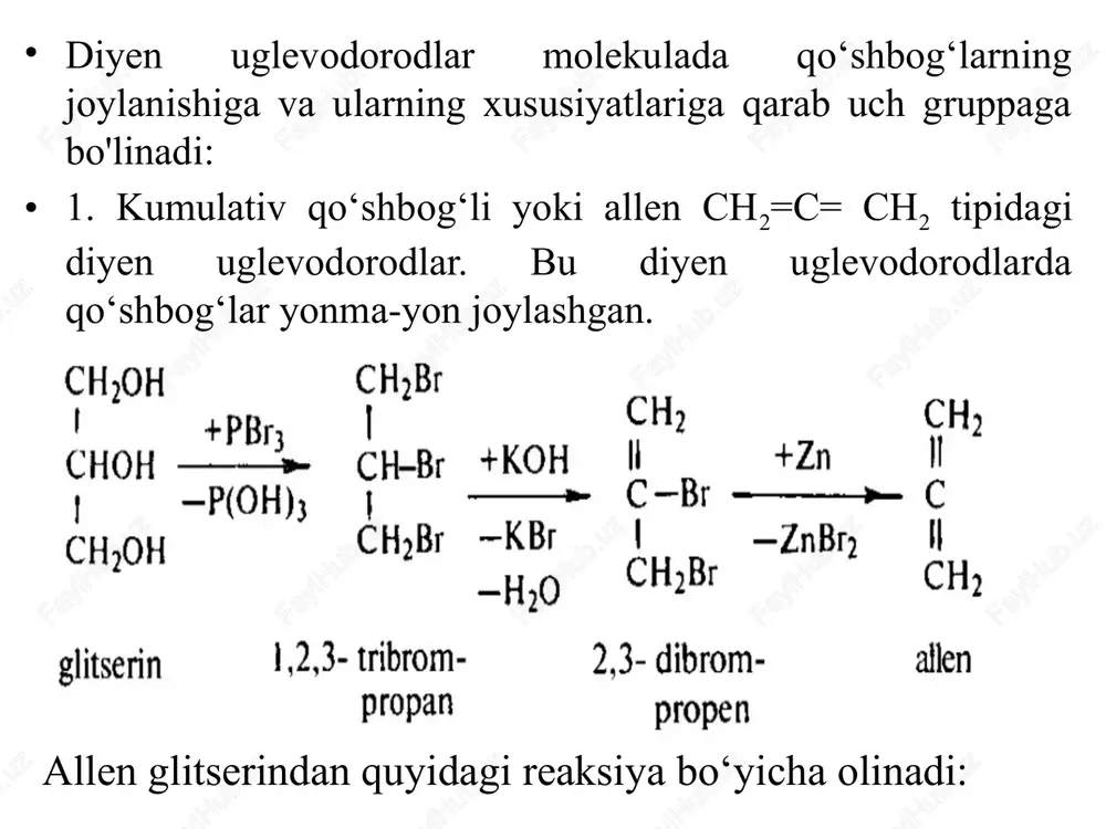 vodorodlar uchbog'ning o‘rin almashinish va zanjirning tarmoqlanish izomeriyasiga ega. ishlatilishi. asetilen kislorodda yonganda 3000°c gacha issiqlik hosil qiladi. bu xususiyatdan foydalanib sanoatda, qurilishda va xo‘jalikning boshqa tarmoqlarida metallarni hamda metall buyumlarni payvandlashda keng ishlatiladi. polimerlanish reaksiyasi. ikki molekula asetilen nh4c1 va cucl2 ishtirokida dimerlanib vinilasetilen hosil qiladi. n.d. zelinskiy bilan b.a. kazanskiy yuqori temperatura va aktivlangan ko‘mir ishtirokida uch molekula asetilendan benzol hosil qilgan. asetilen kimyo sanoatida asosiy xomashyo hisoblanib, undan etil spirt, sirka kislota, allil spirt, glitserin, akrilonitril, vinil-asetat, lyuizit, vinilasetilen va boshqa moddalar olinadi. akrilonitril va vinilasetilen sintetik tola bilan kauchukning asosiy xomashyosi hisoblanadi. image1.png image2.png image3.png image4.png image5.png image6.png image7.png image8.png image9.png image10.png /docprops/thumbnail.jpeg